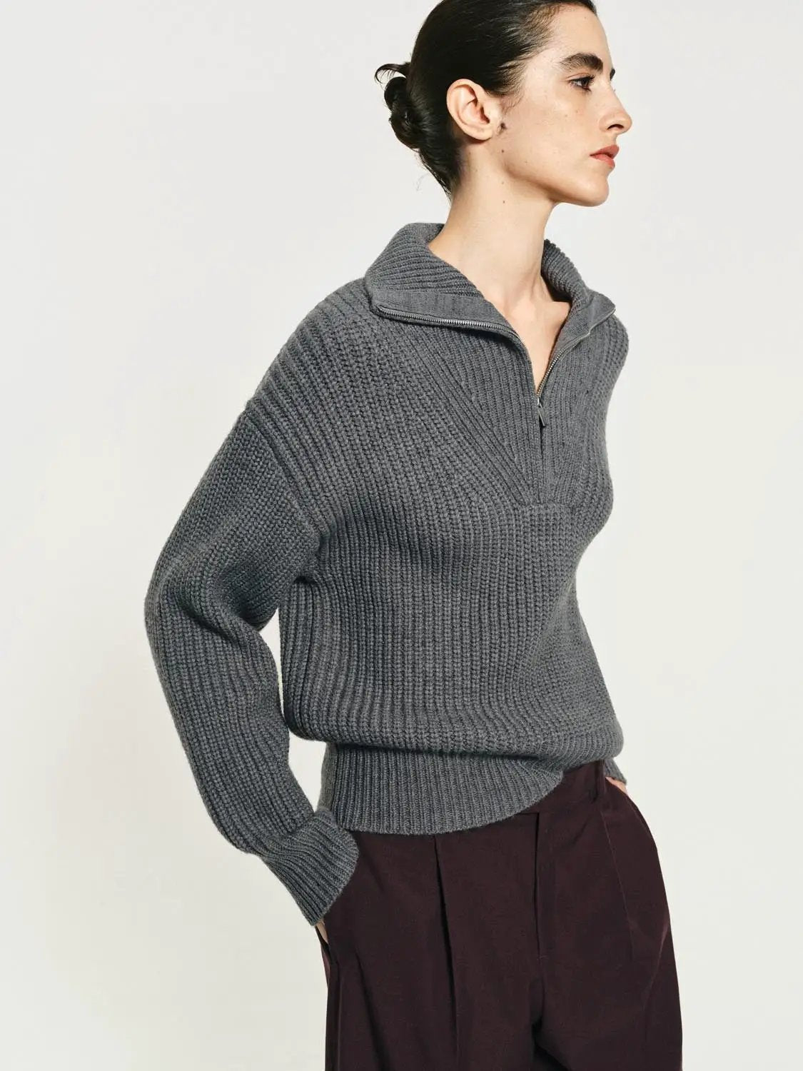 Textured Zip Collar Long Sleeve Knit Sweater
