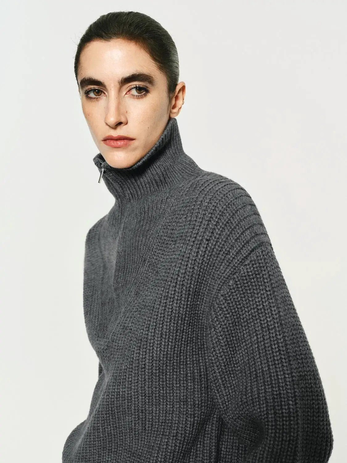 Textured Zip Collar Long Sleeve Knit Sweater