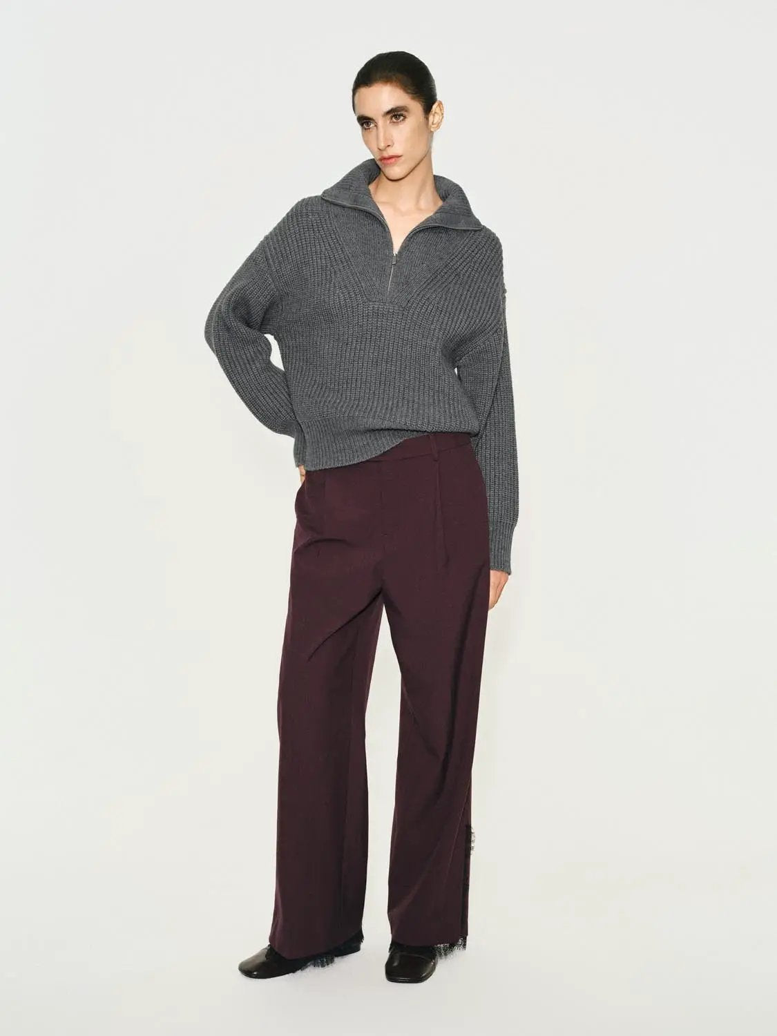 Textured Zip Collar Long Sleeve Knit Sweater
