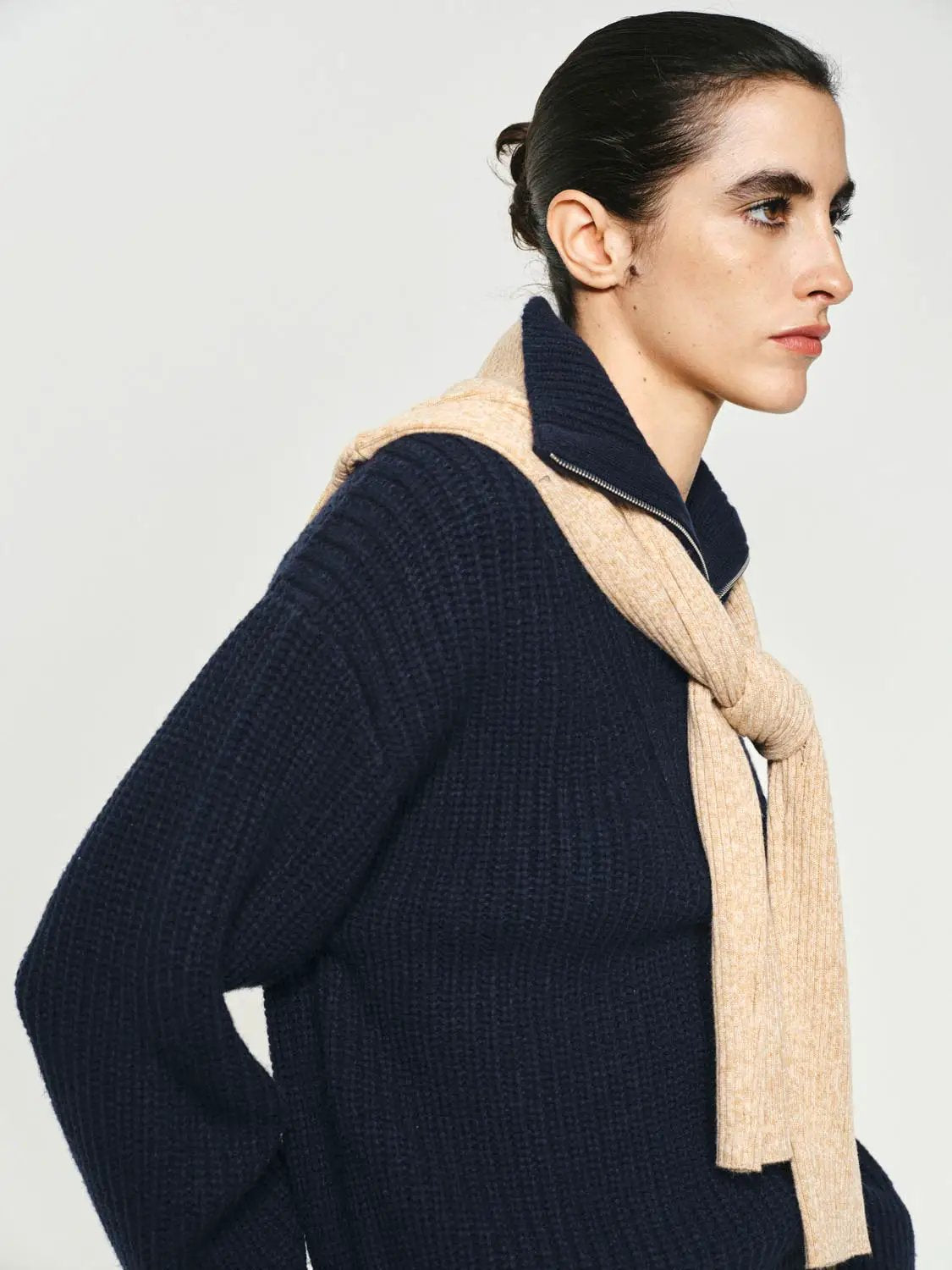 Textured Zip Collar Long Sleeve Knit Sweater