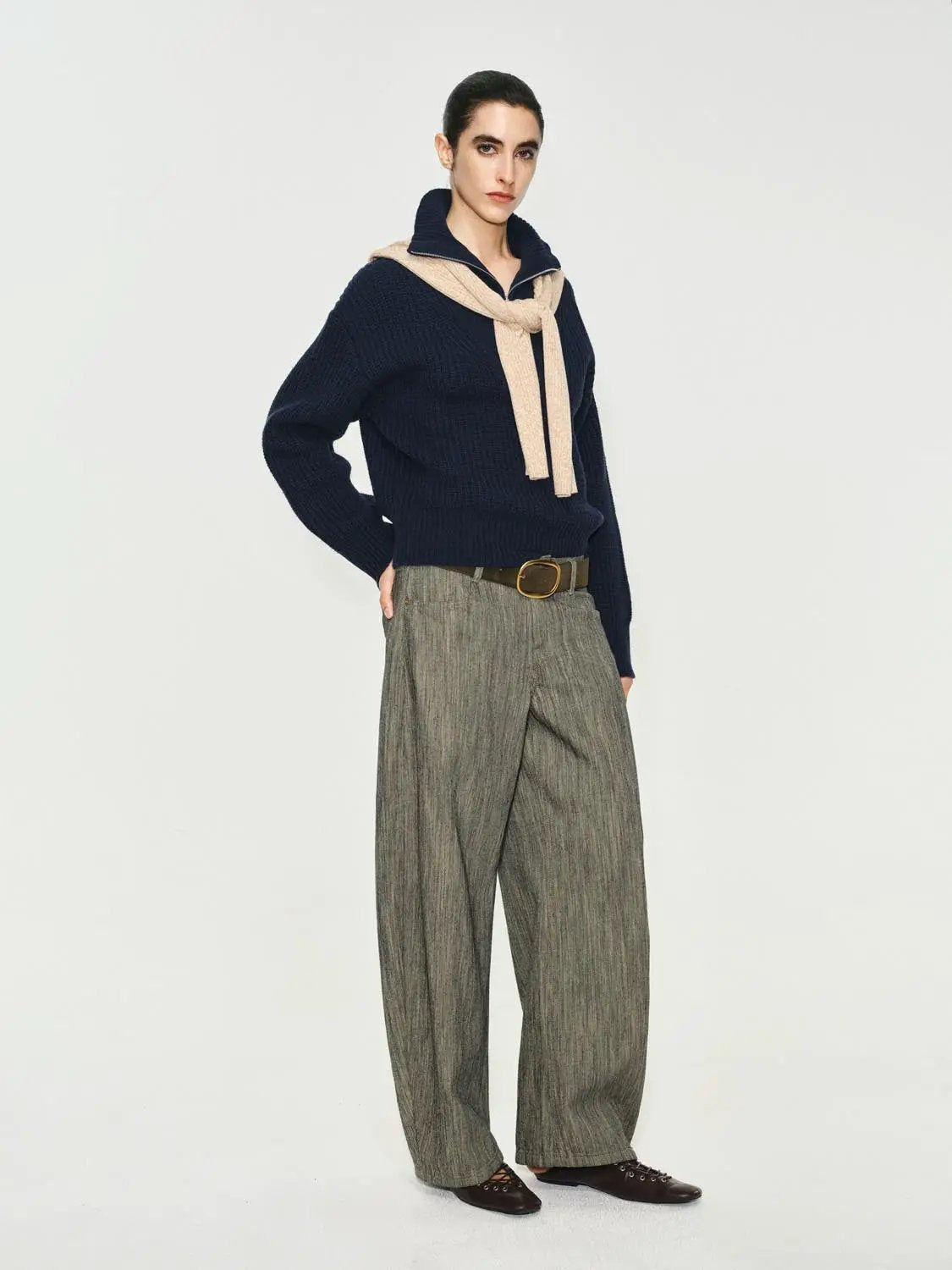 Textured Zip Collar Long Sleeve Knit Sweater