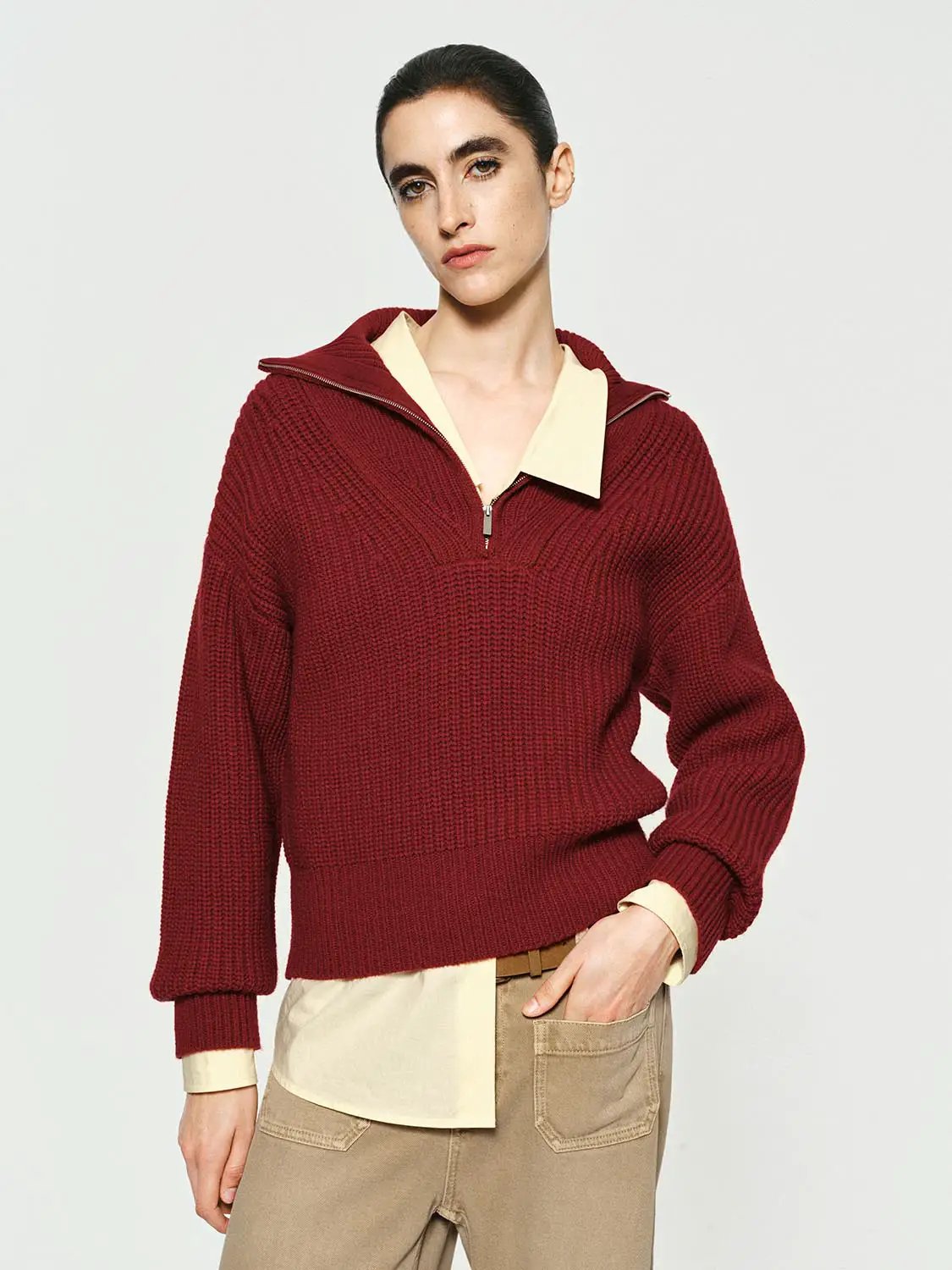 Textured Zip Collar Long Sleeve Knit Sweater