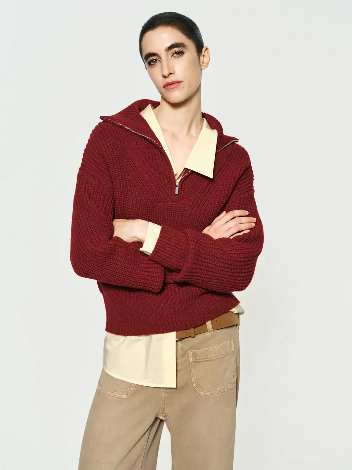 Textured Zip Collar Long Sleeve Knit Sweater