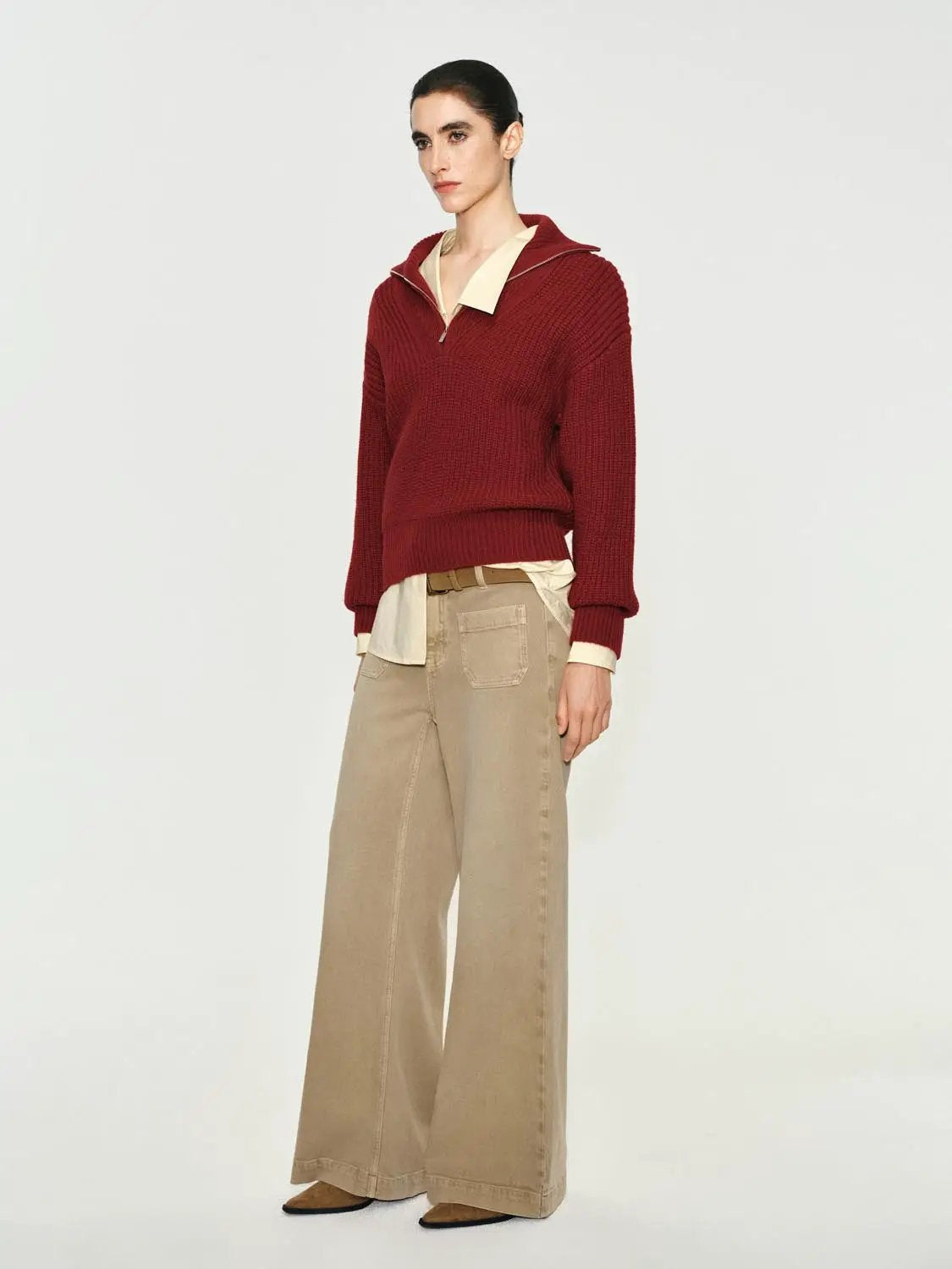 Textured Zip Collar Long Sleeve Knit Sweater