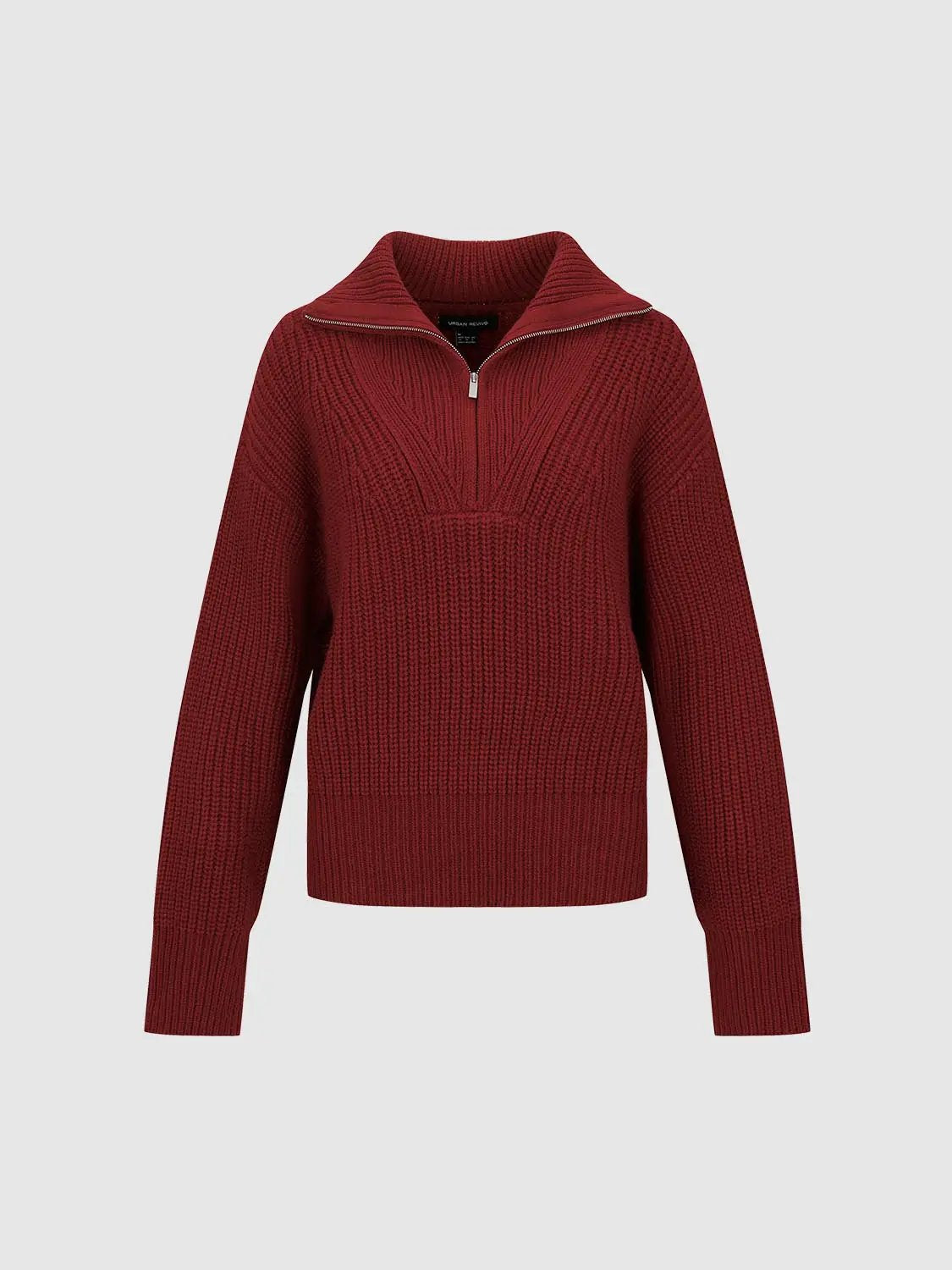 Textured Zip Collar Long Sleeve Knit Sweater