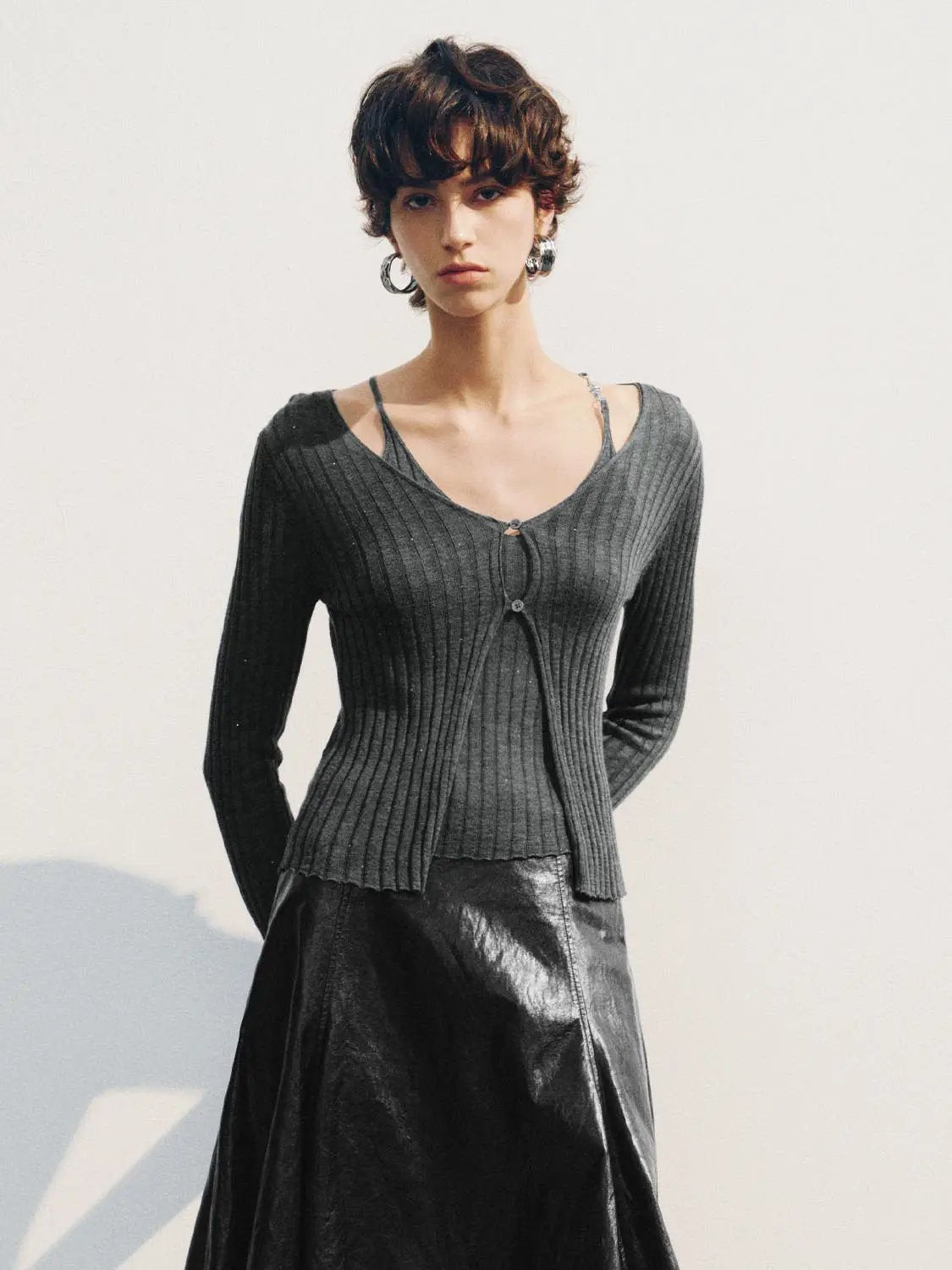 Fitted Ribbed V-neck Button Front Long Sleeve Cardigan