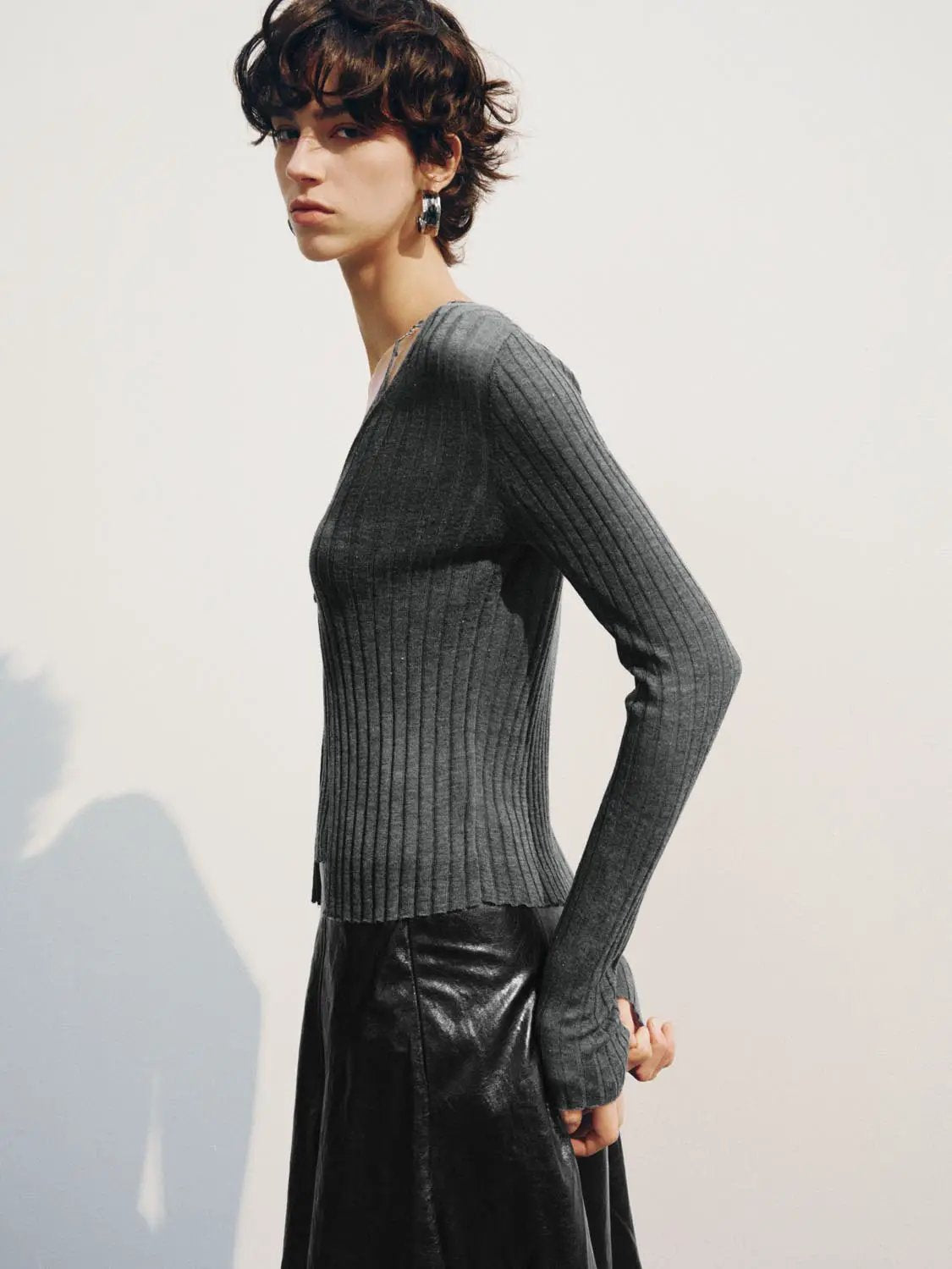 Fitted Ribbed V-neck Button Front Long Sleeve Cardigan
