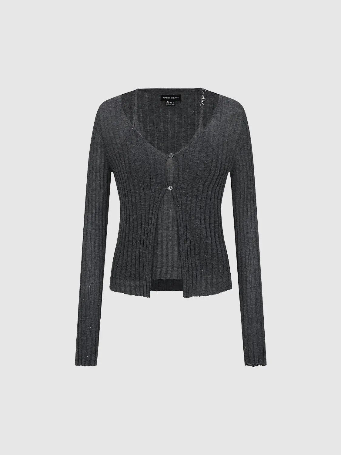 Fitted Ribbed V-neck Button Front Long Sleeve Cardigan