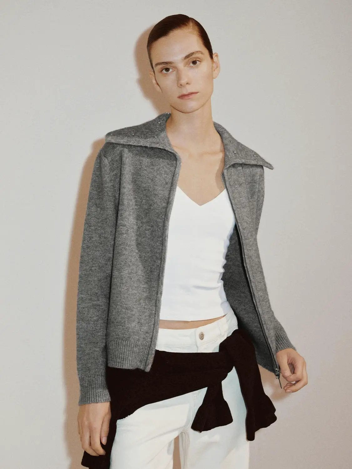 Ribbed Knit Zip Embellished Collar Long Sleeve Jacket