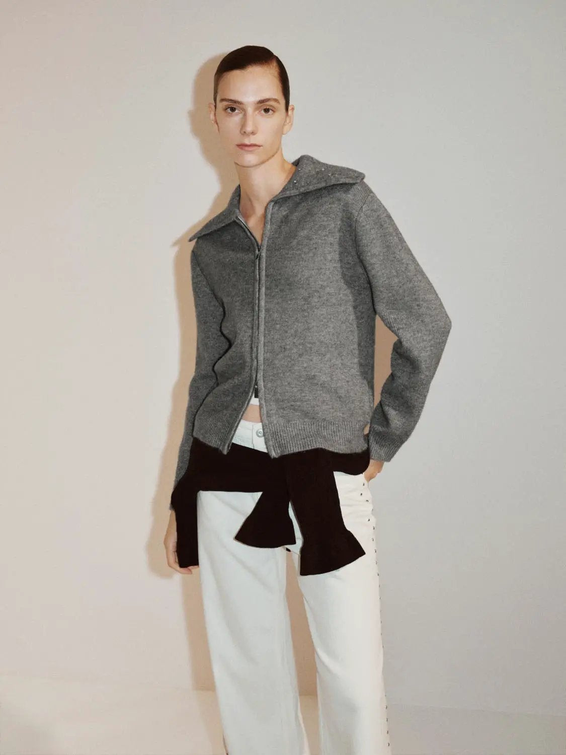 Ribbed Knit Zip Embellished Collar Long Sleeve Jacket