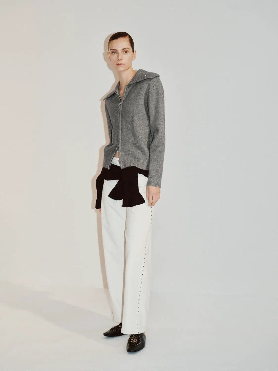 Ribbed Knit Zip Embellished Collar Long Sleeve Jacket
