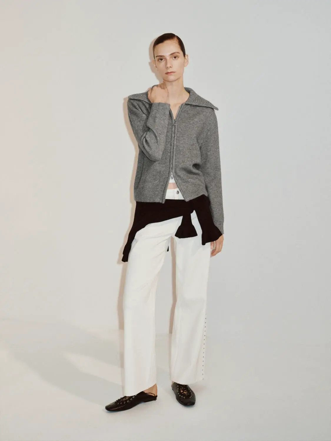 Ribbed Knit Zip Embellished Collar Long Sleeve Jacket
