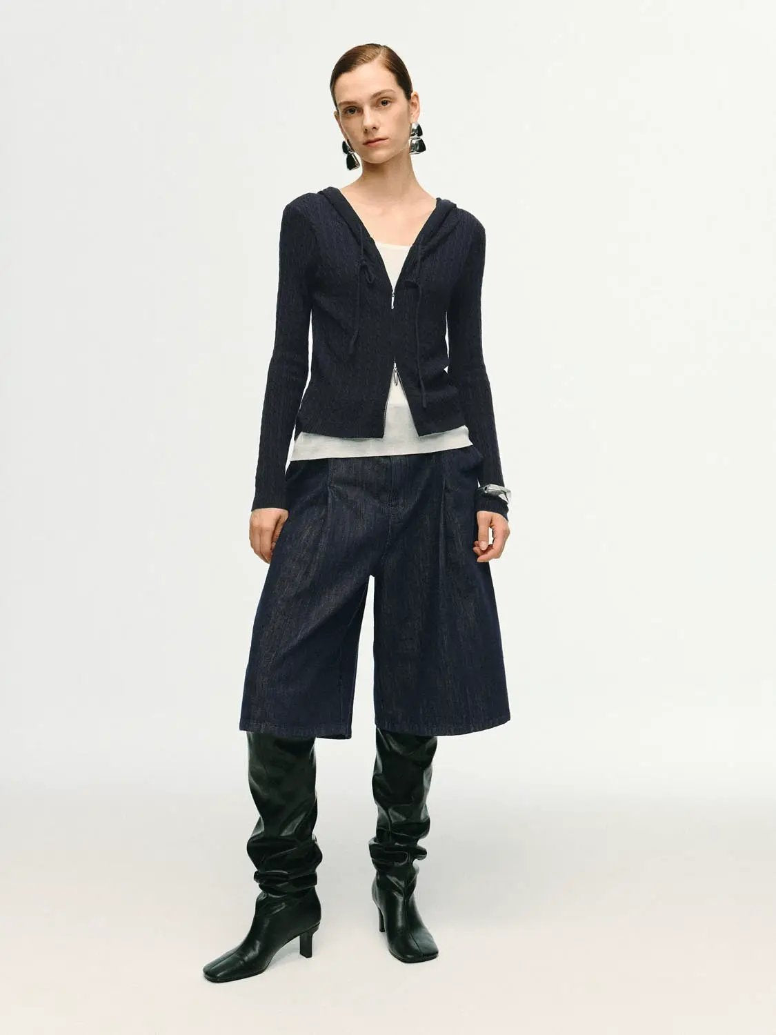 Textured Knit Zip Front Long Sleeve Hooded Jacket