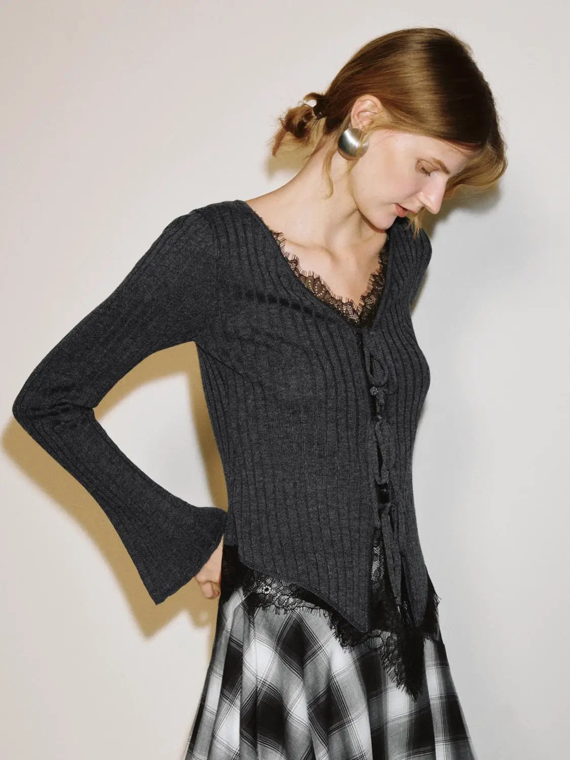 Ribbed Knit Lace Trim Cardigan
