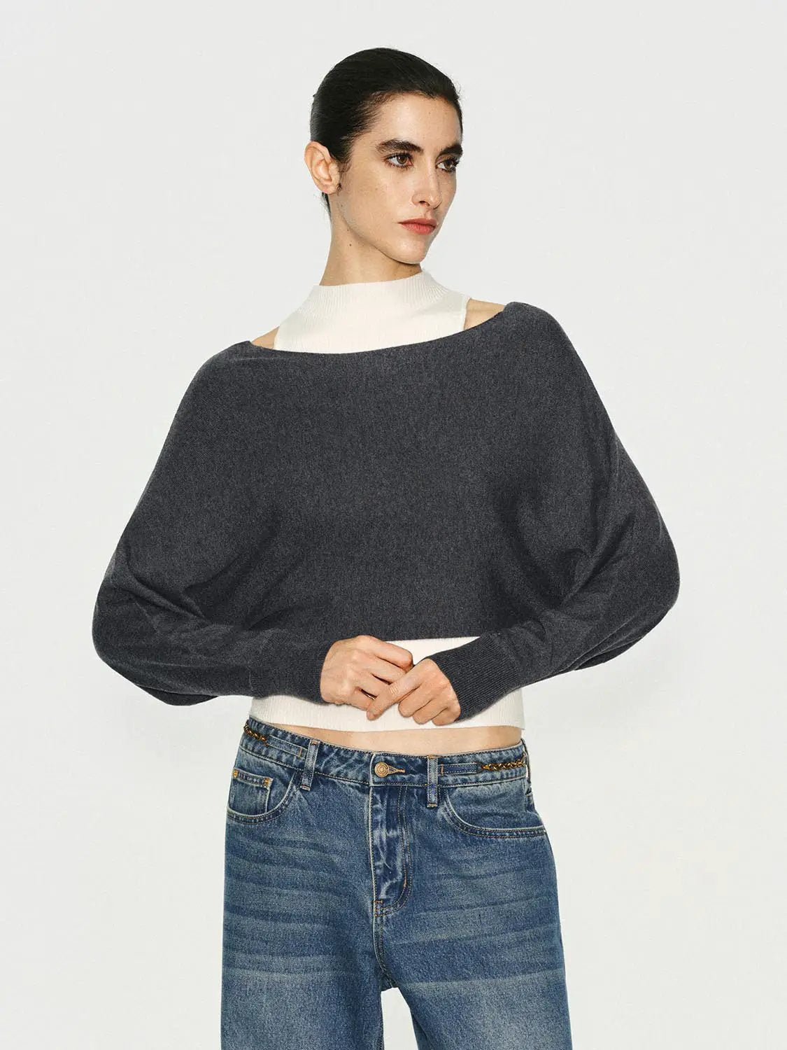 Layered Cropped Ribbed Mock Neck Long Sleeve Knit Top