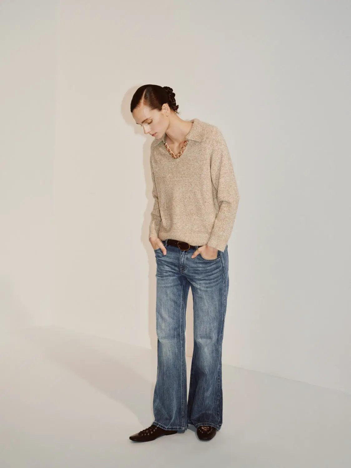 Textured Shirt Collar V-neck Long Sleeve Sweater