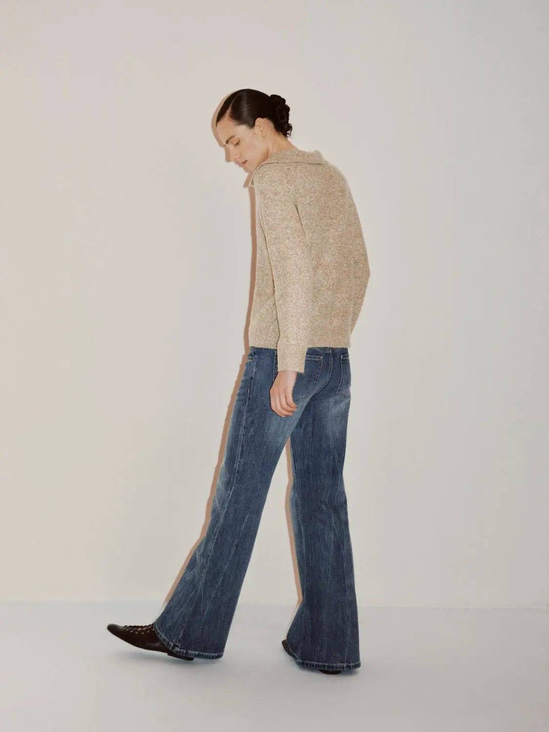 Textured Shirt Collar V-neck Long Sleeve Sweater