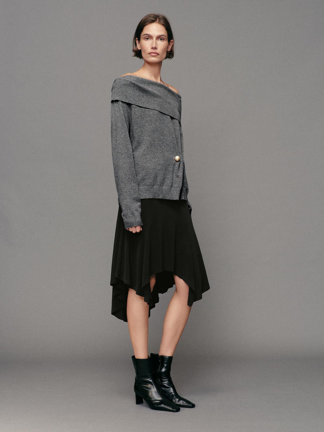 Long Sleeve Twisted Heather Grey Ribbed Knit Sweater