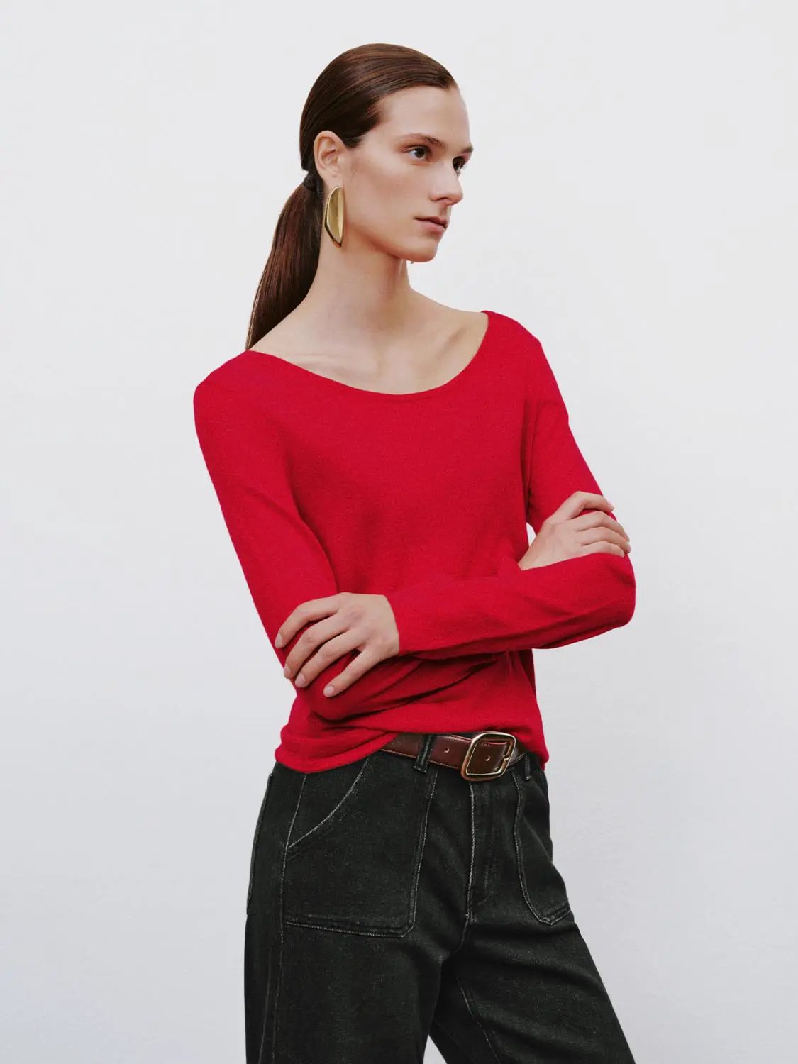 Plain Thin Red Knit Fitted Crew Neck Long Sleeve T-Shirt