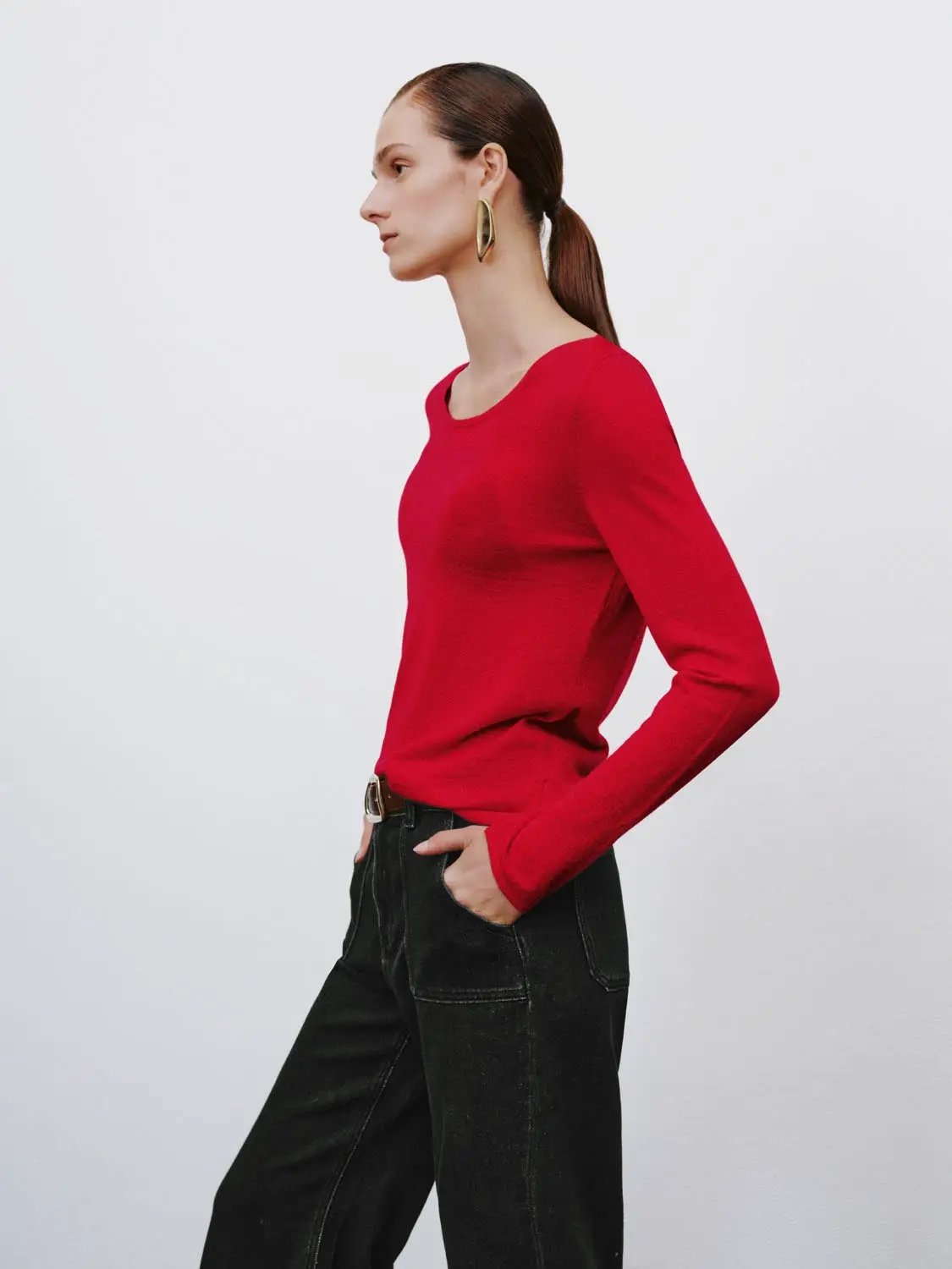 Plain Thin Red Knit Fitted Crew Neck Long Sleeve T-Shirt