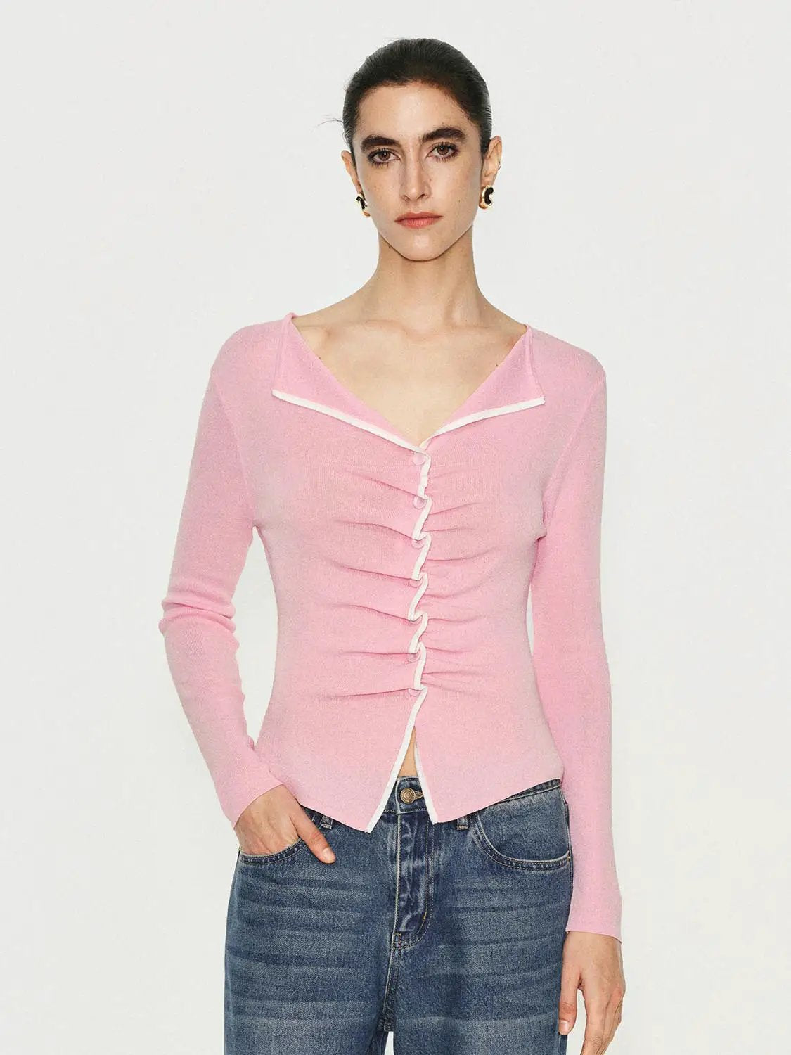 Pink Ribbed Long Sleeve Fitted Knit Sweater