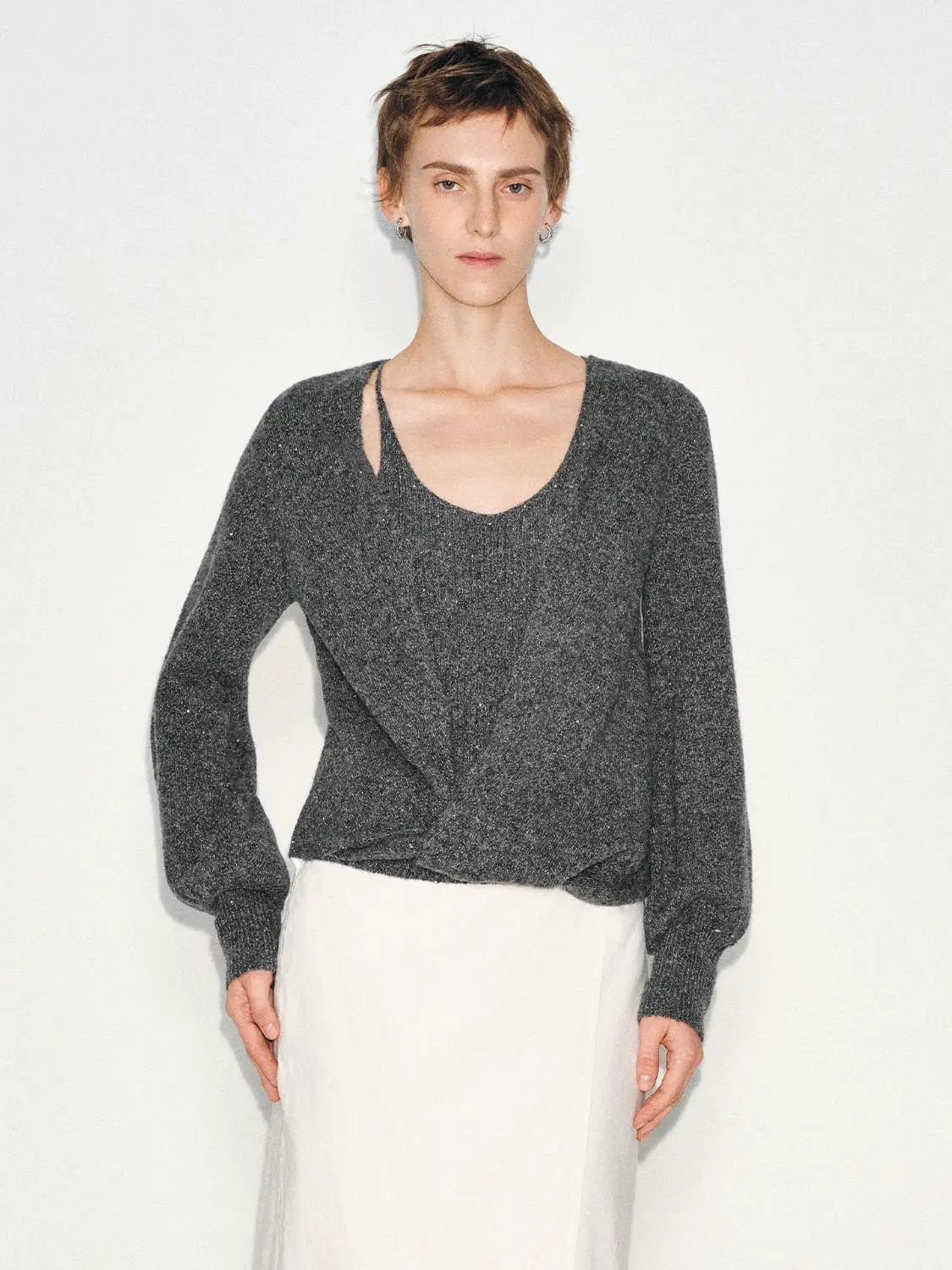 Metallic Twisted Front Long Sleeve Knit T-Shirt