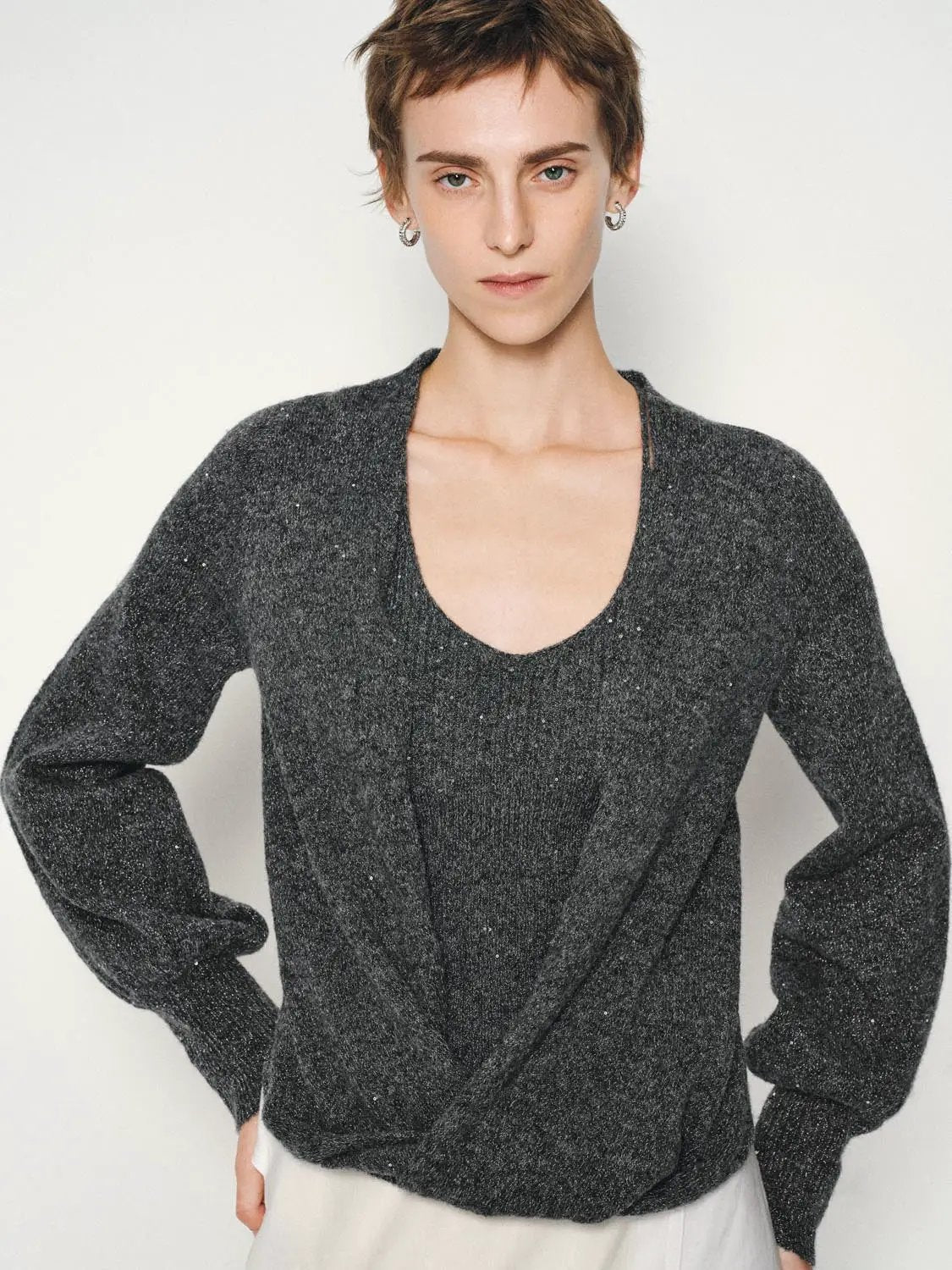 Metallic Twisted Front Long Sleeve Knit T-Shirt