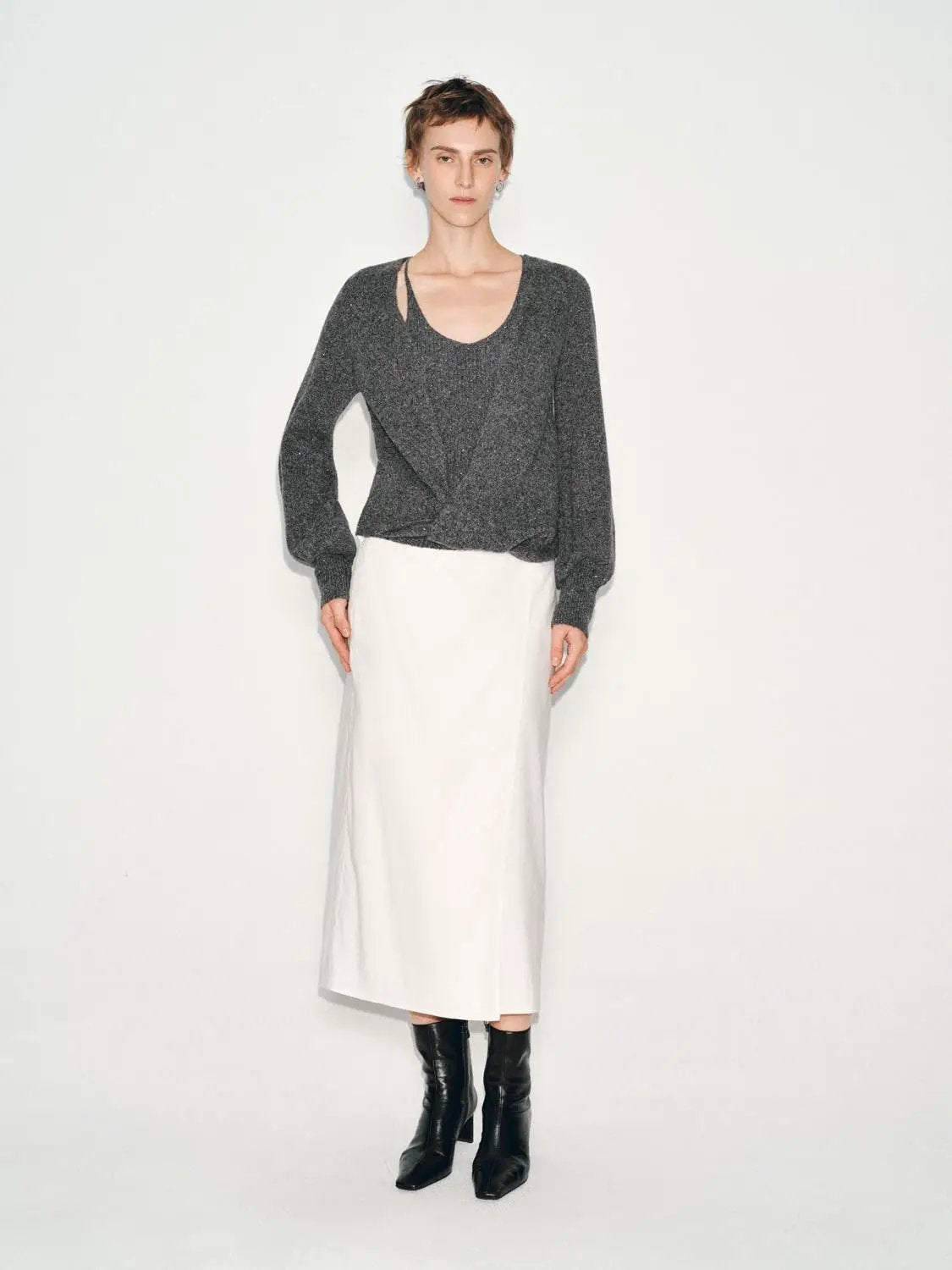 Metallic Twisted Front Long Sleeve Knit T-Shirt