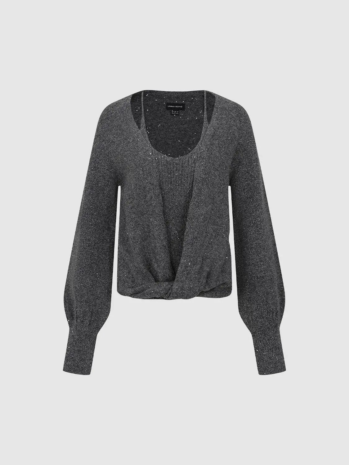 Metallic Twisted Front Long Sleeve Knit T-Shirt