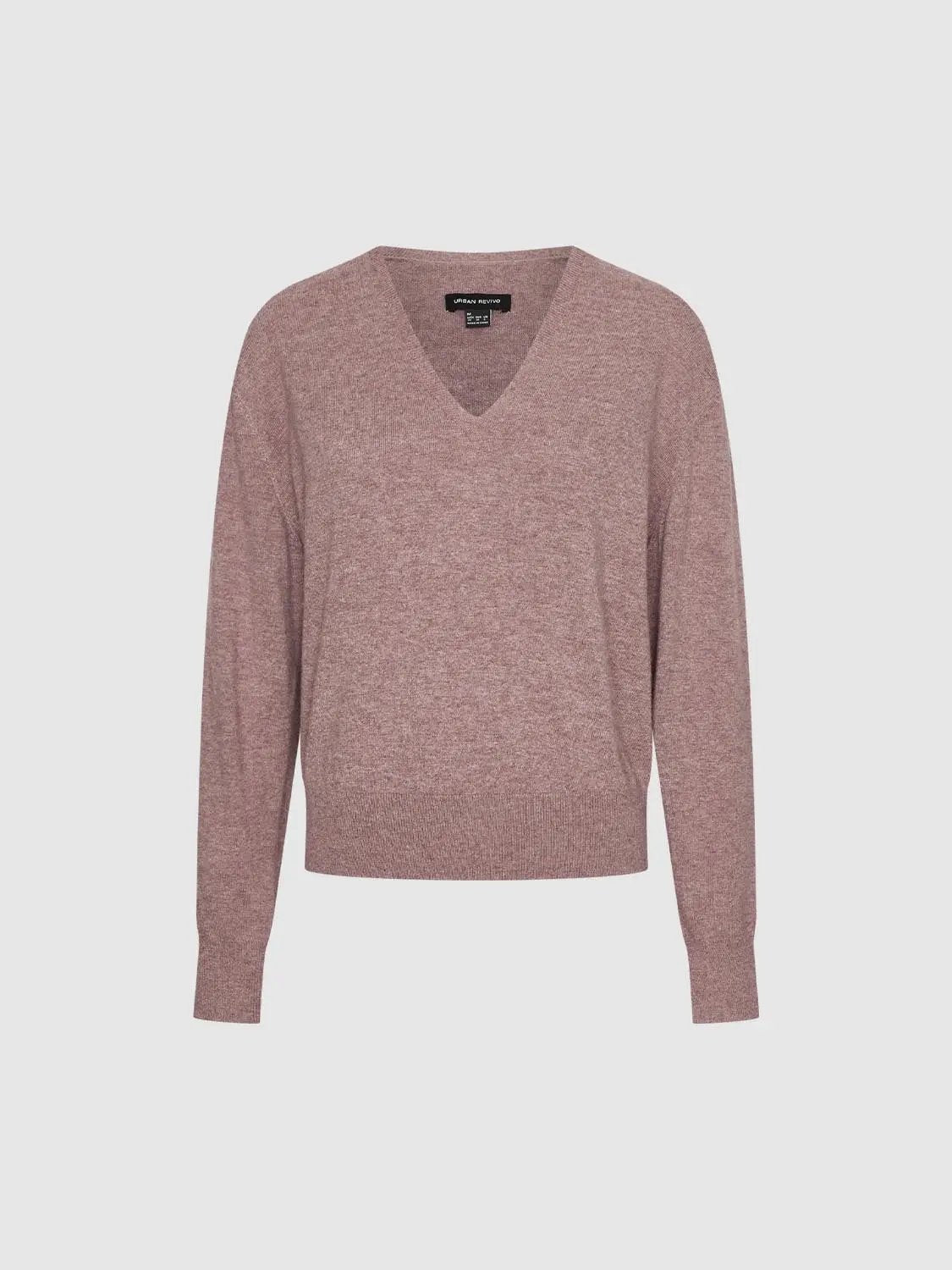Solid Ribbed Knit V-neck Long Sleeve Pullover