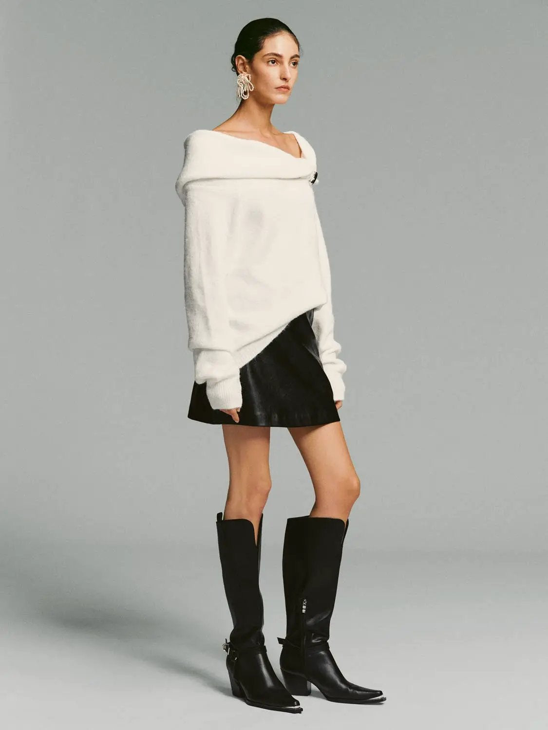 Metal Button Asymmetric Draped Long Sleeve Sweater