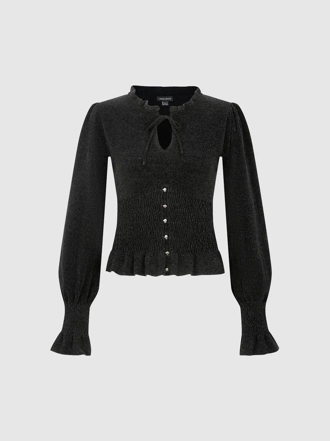 Textured Button Front Ruffle Hem Tie Neck Long Sleeve Ruched Knit Top