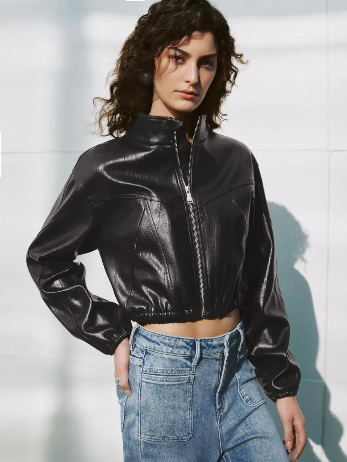 Zip Front Elasticated Hem Cropped Long Sleeve Jacket