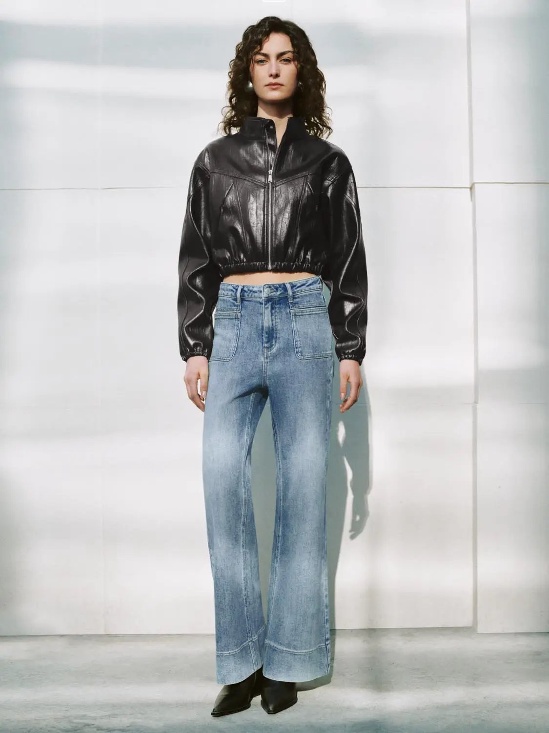 Zip Front Elasticated Hem Cropped Long Sleeve Jacket