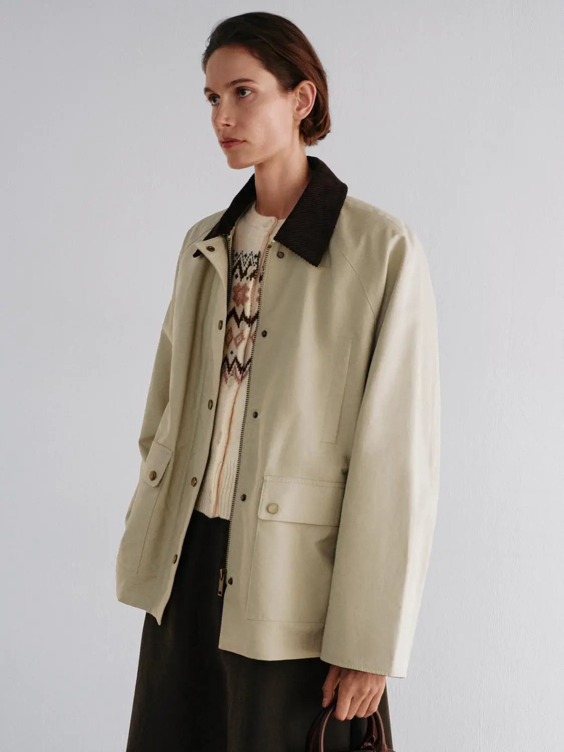 Contrast Collar Oversized Long Sleeve Cotton Jacket