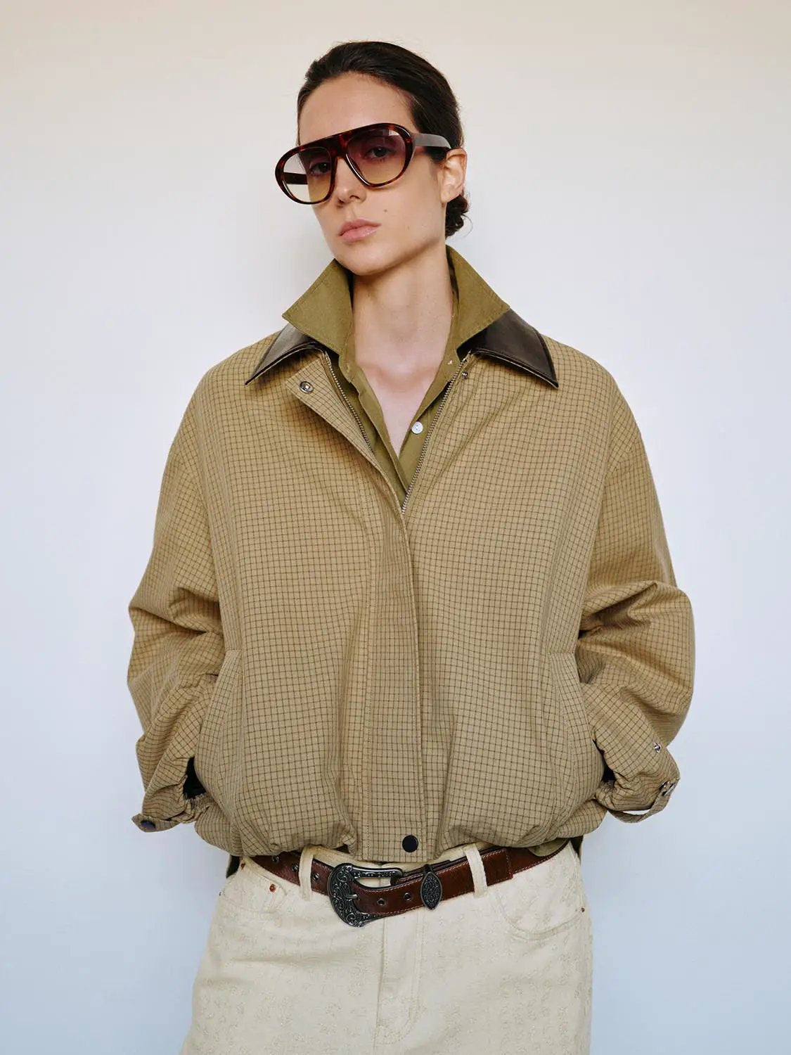 Button Front Checked Long Sleeve Cotton Blend Jacket