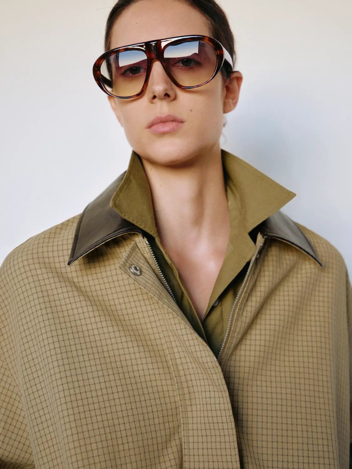 Button Front Checked Long Sleeve Cotton Blend Jacket