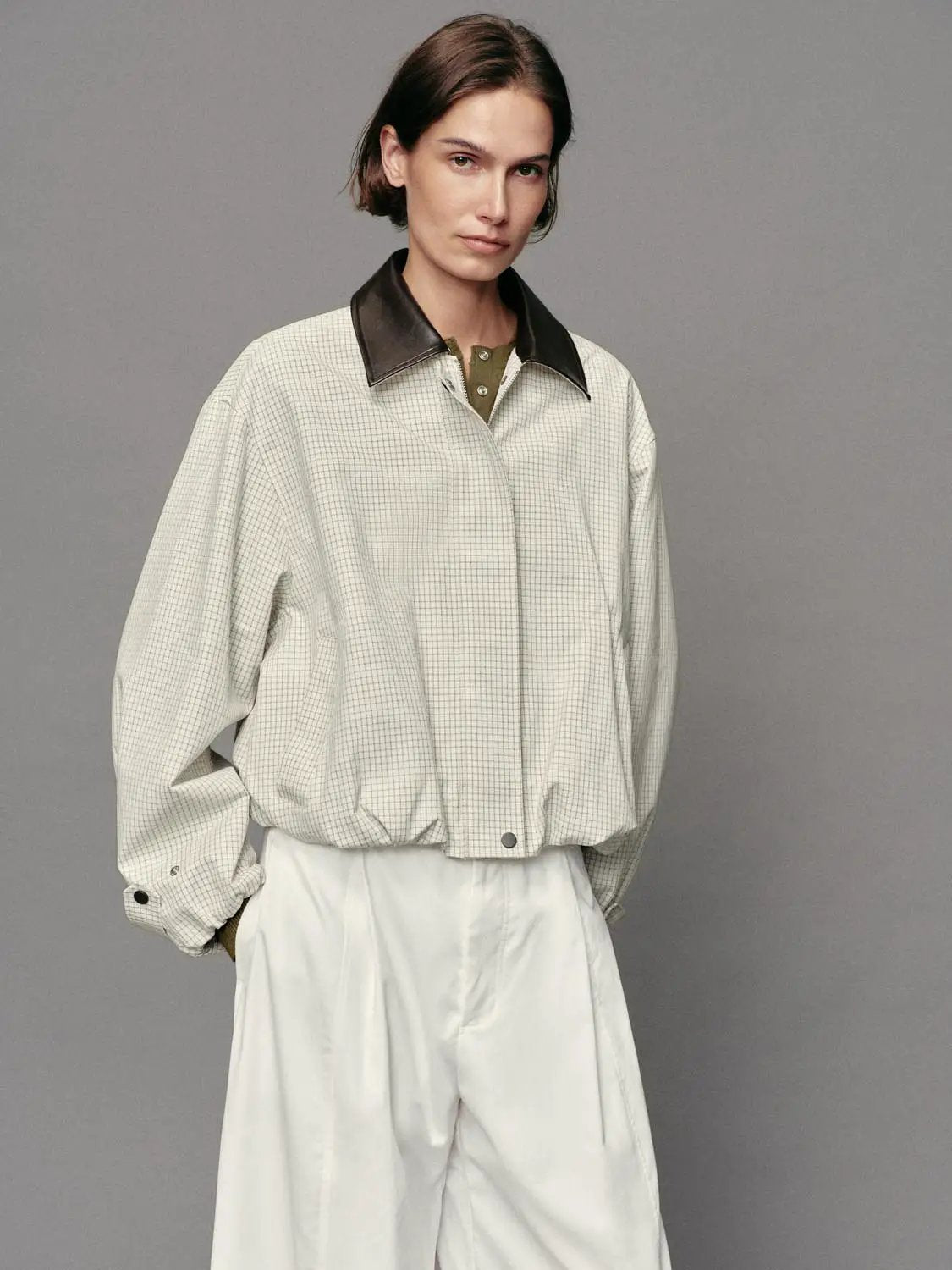 Button Front Checked Long Sleeve Cotton Blend Jacket