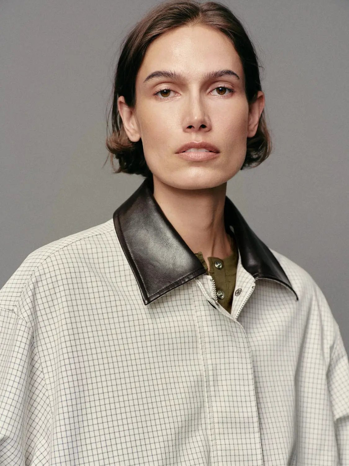 Button Front Checked Long Sleeve Cotton Blend Jacket