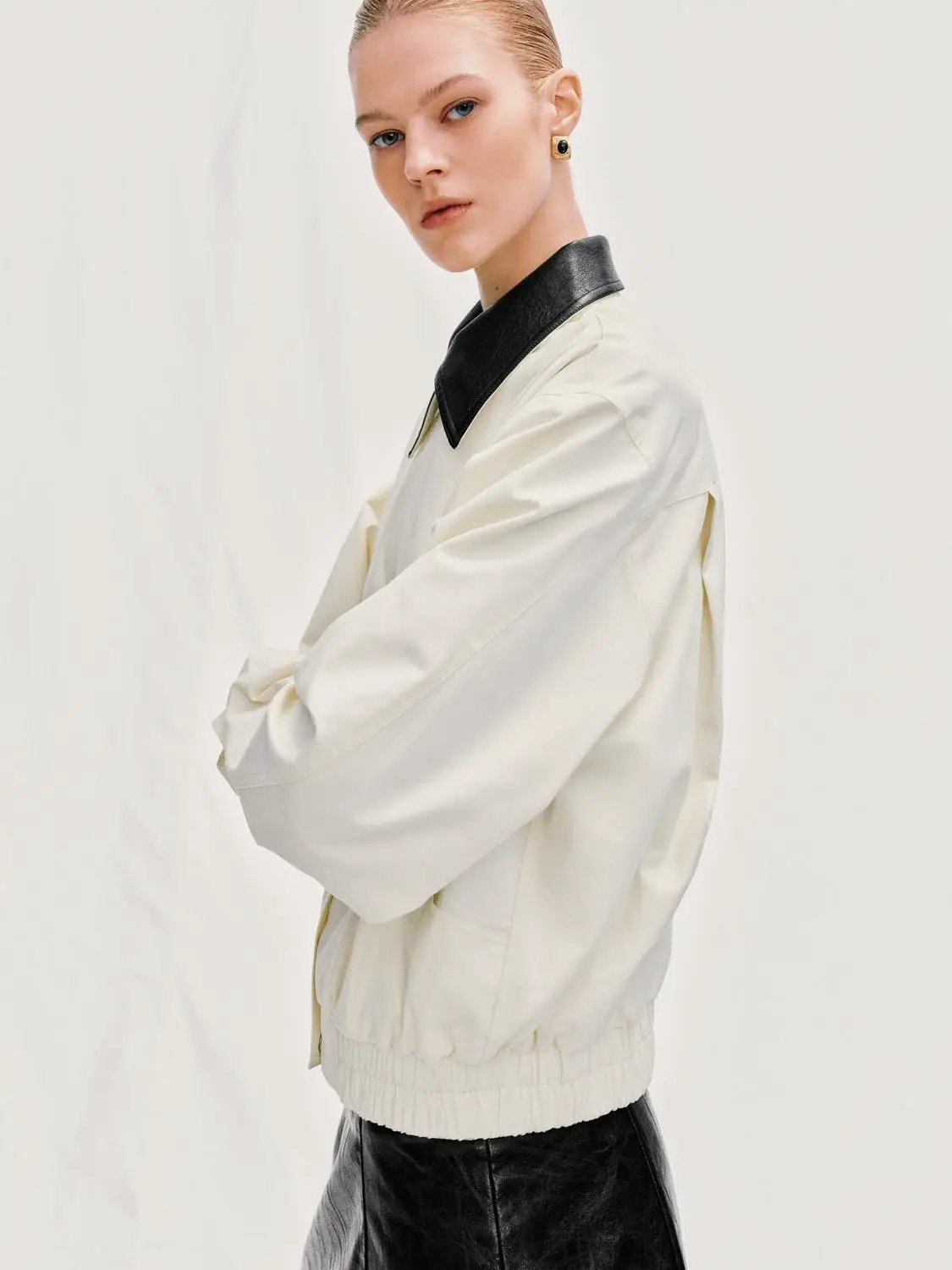 Contrast Collar Zip Front Long Sleeve Cotton Jacket