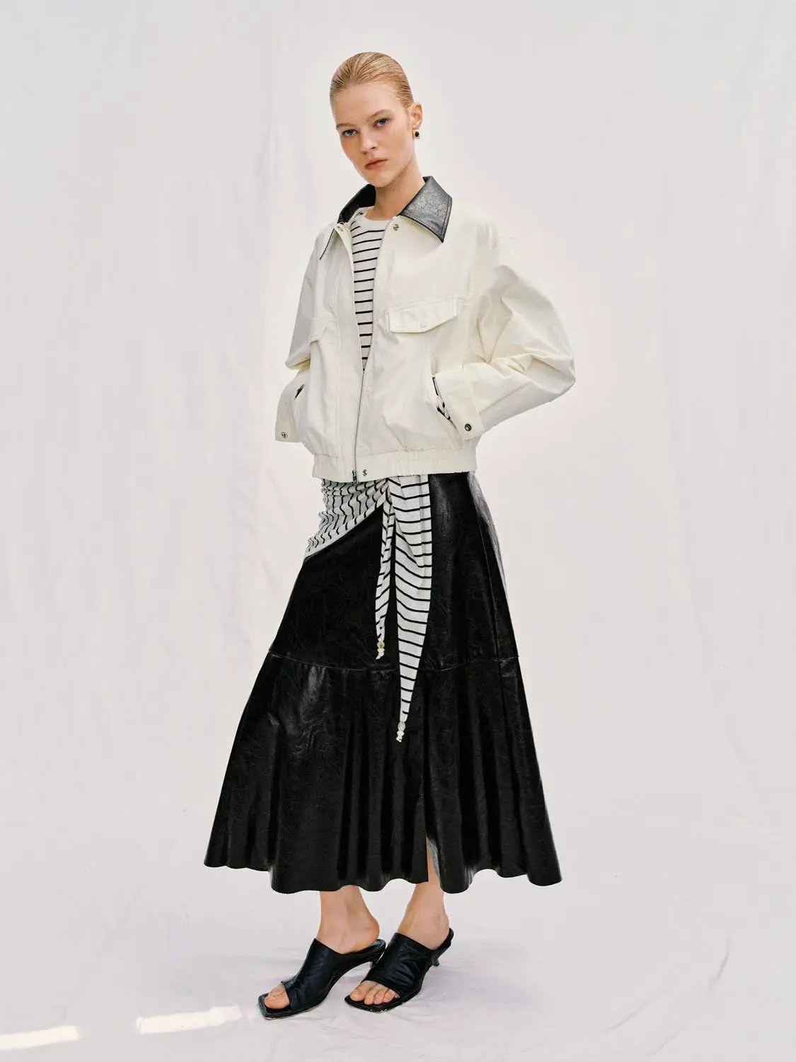 Contrast Collar Zip Front Long Sleeve Cotton Jacket