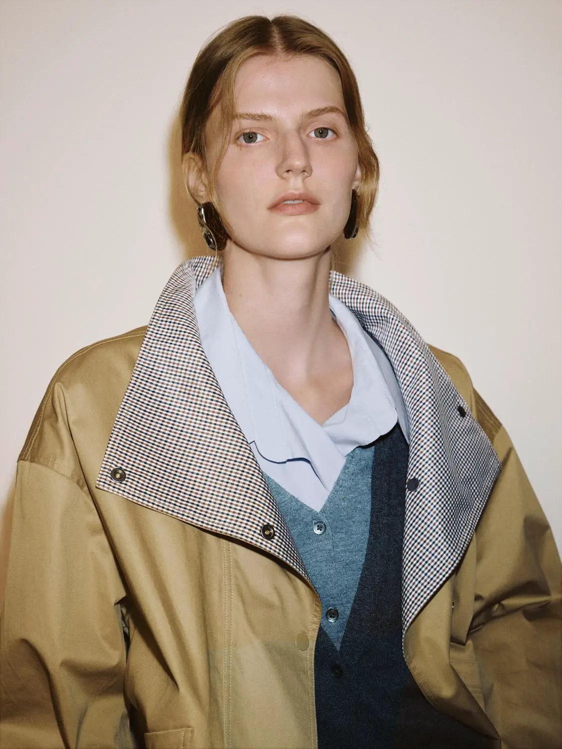 Checked Lapel Long Sleeve Relaxed Camel Jacket