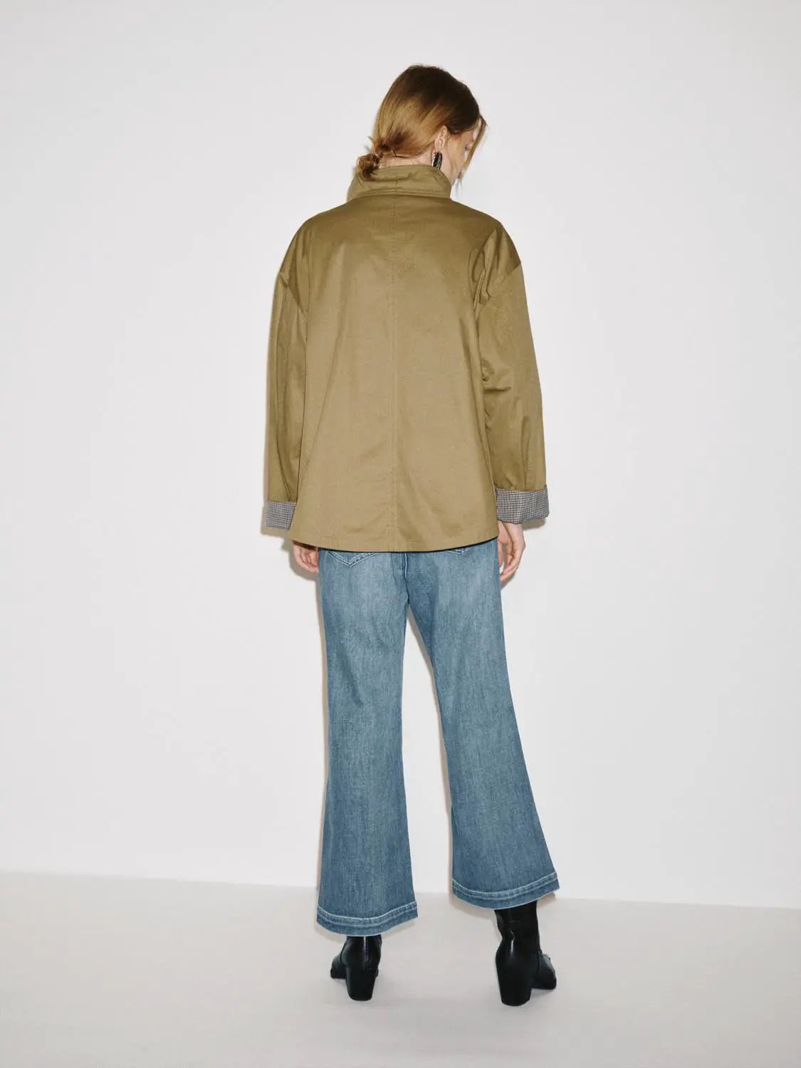 Checked Lapel Long Sleeve Relaxed Camel Jacket