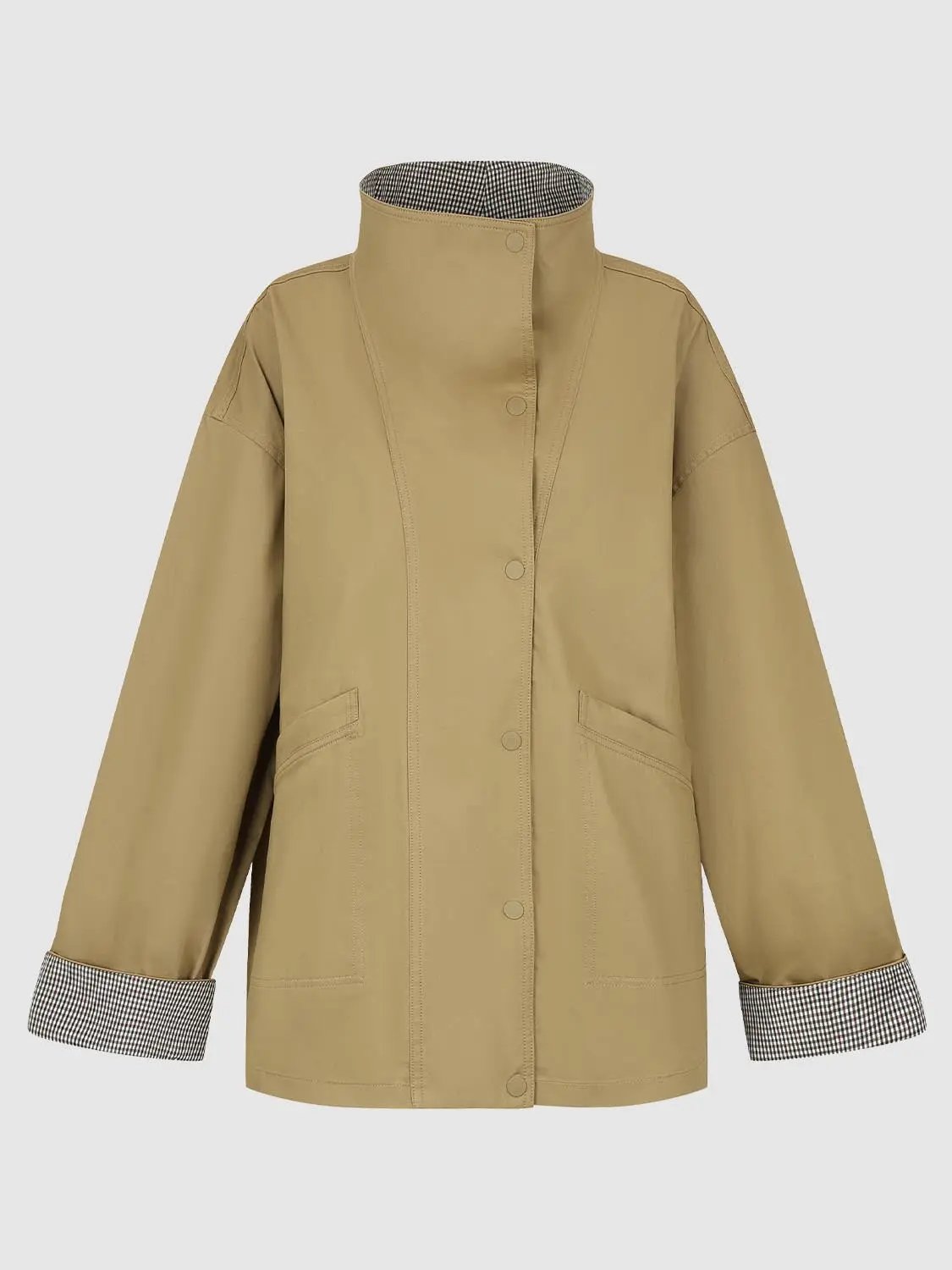 Checked Lapel Long Sleeve Relaxed Camel Jacket
