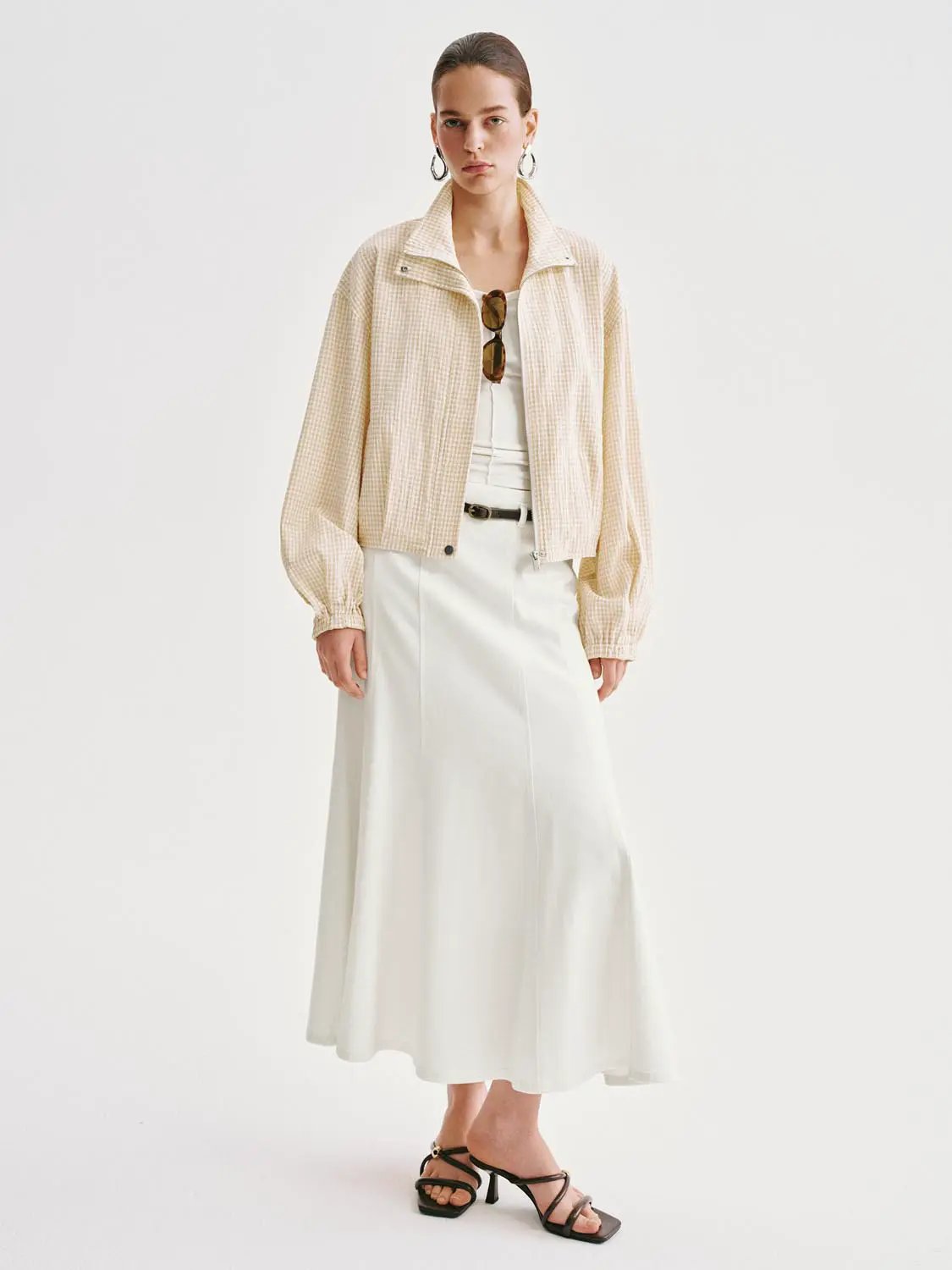 Gingham Cropped Puff Sleeve Lightweight Jacket