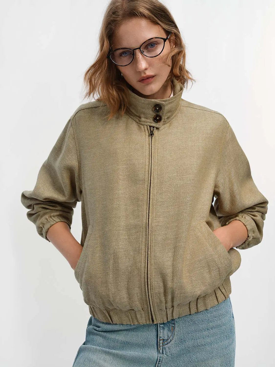 Textured Drop Shoulder Shirt Collar Long Sleeve Zip Front Jacket