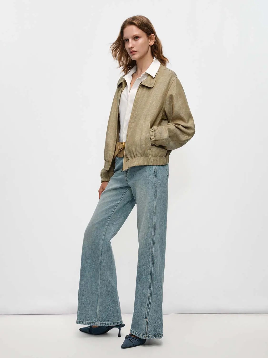 Textured Drop Shoulder Shirt Collar Long Sleeve Zip Front Jacket