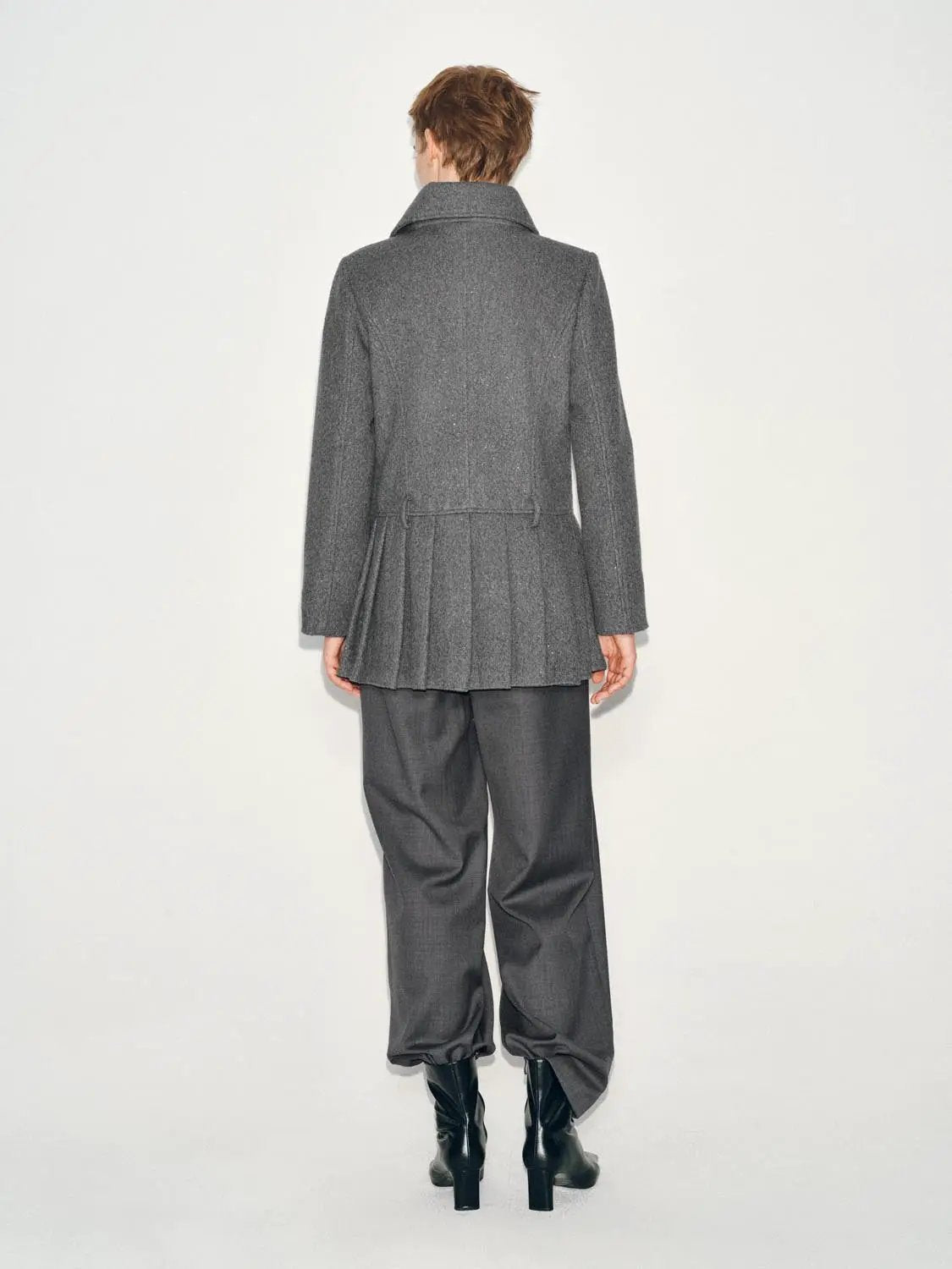 Textured Double-breasted Pleated Belted Long Sleeve Jacket