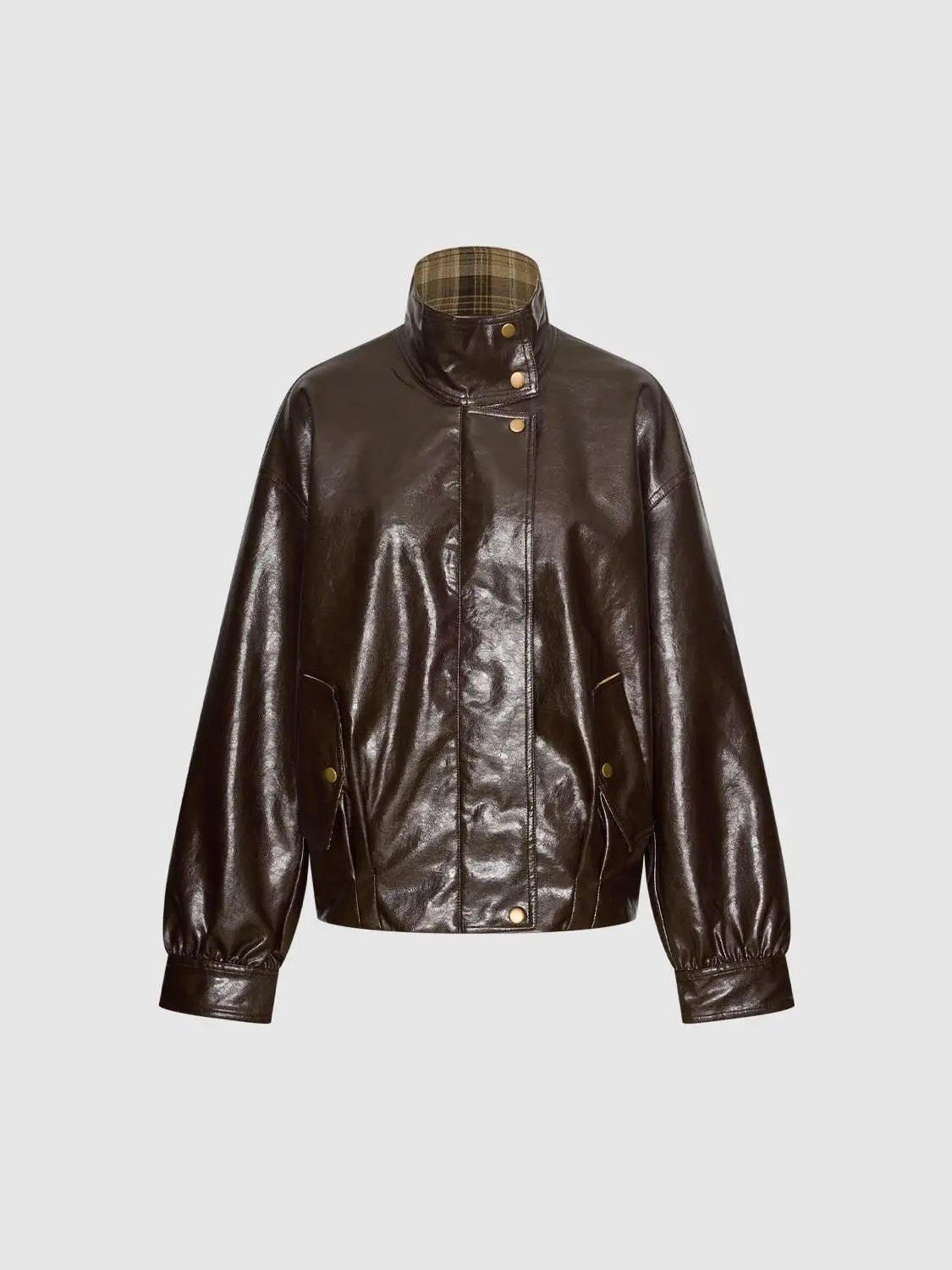 Checked Lined Button Front Long Sleeve Stand Collar Jacket