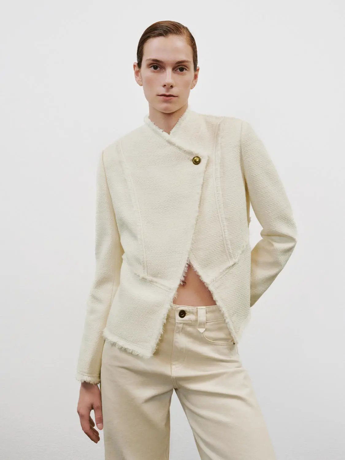 Textured Long Sleeve Fitted Asymmetric Raw Hem Jacket